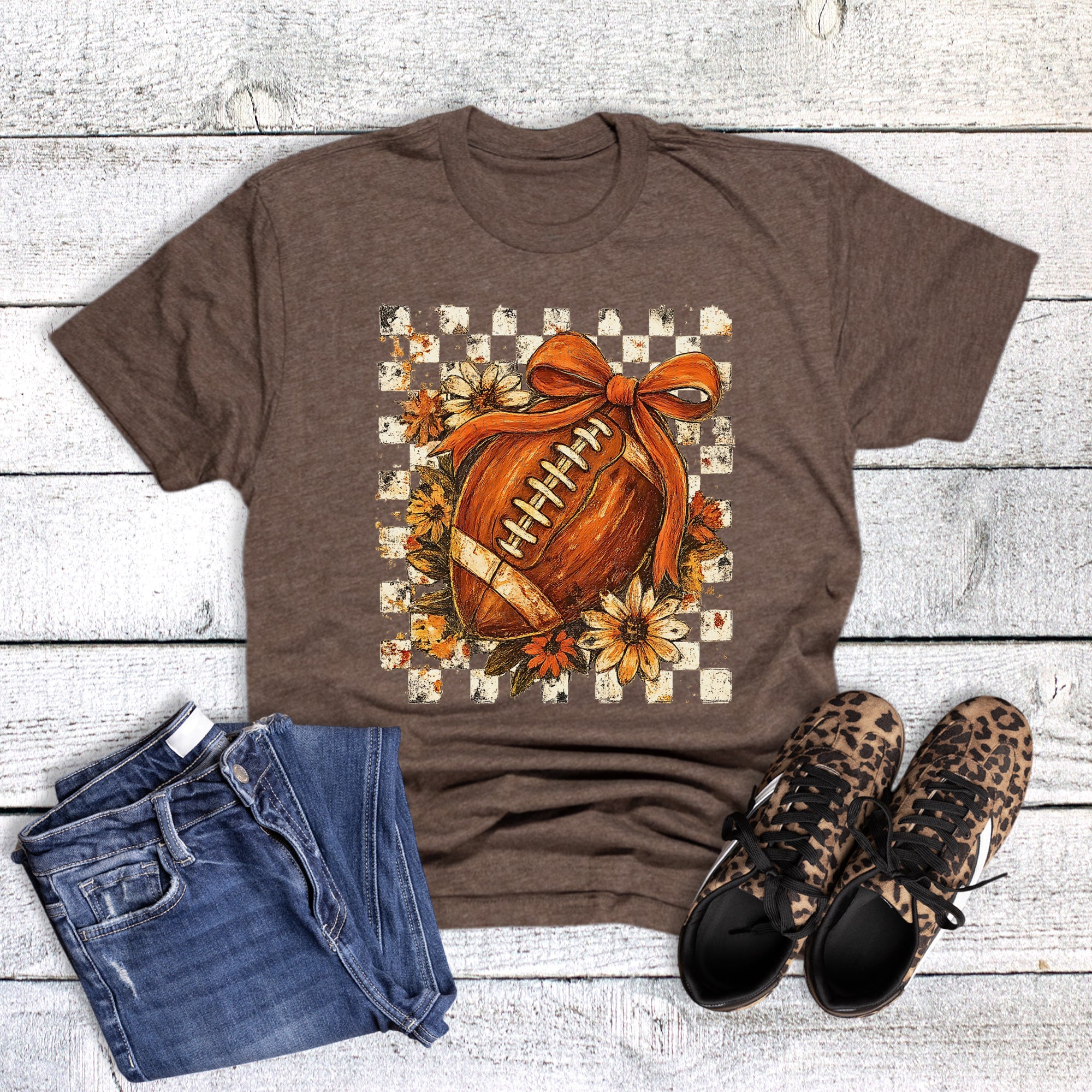 Boho Floral Checked Bow Football