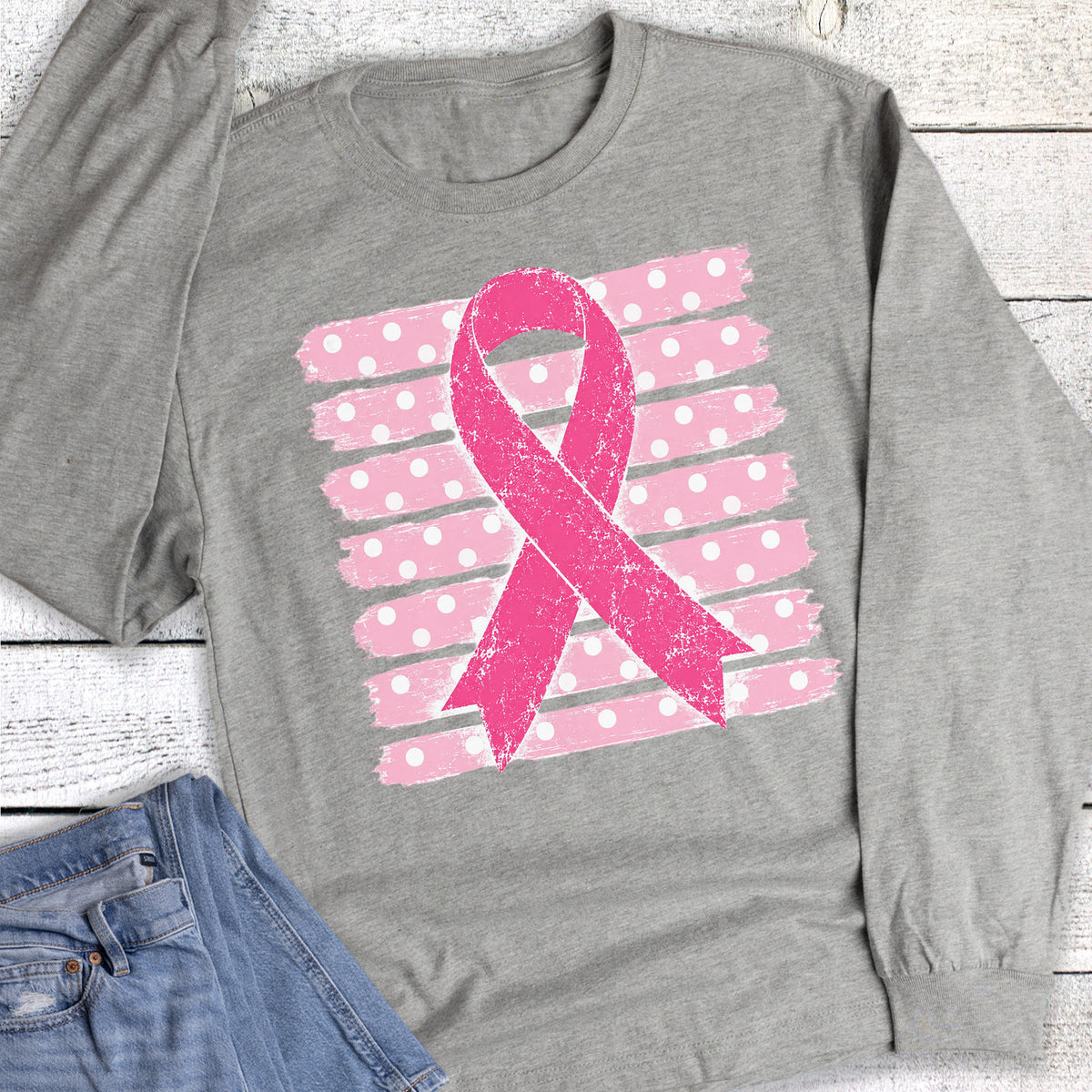 Breast Cancer Awareness Ribbon Stripes Long Sleeve