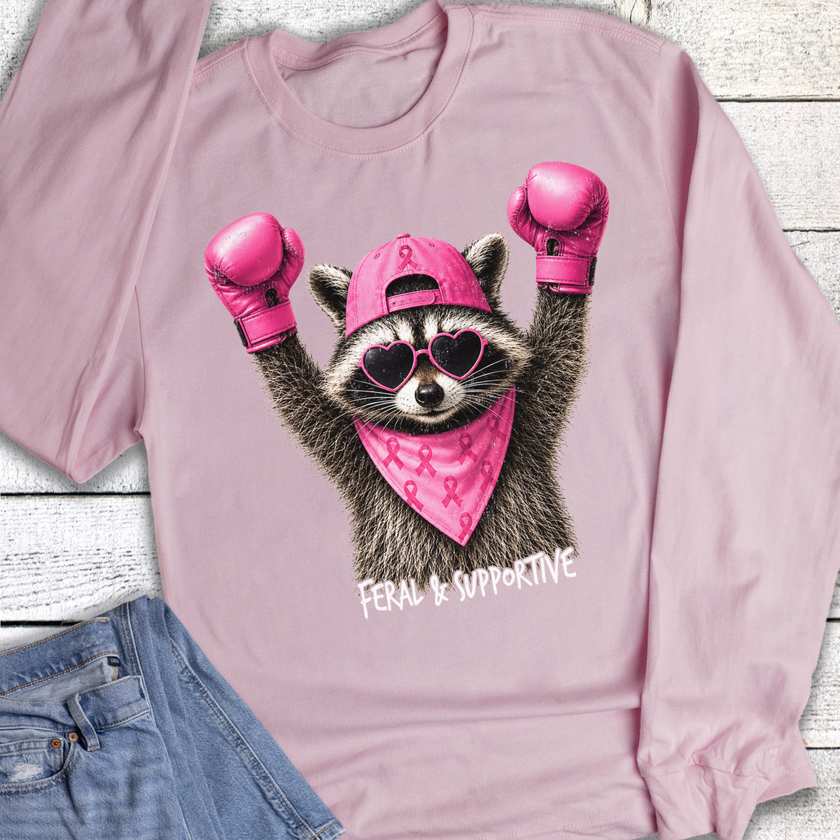 Breast Cancer Feral Supportive Raccoon Long Sleeve