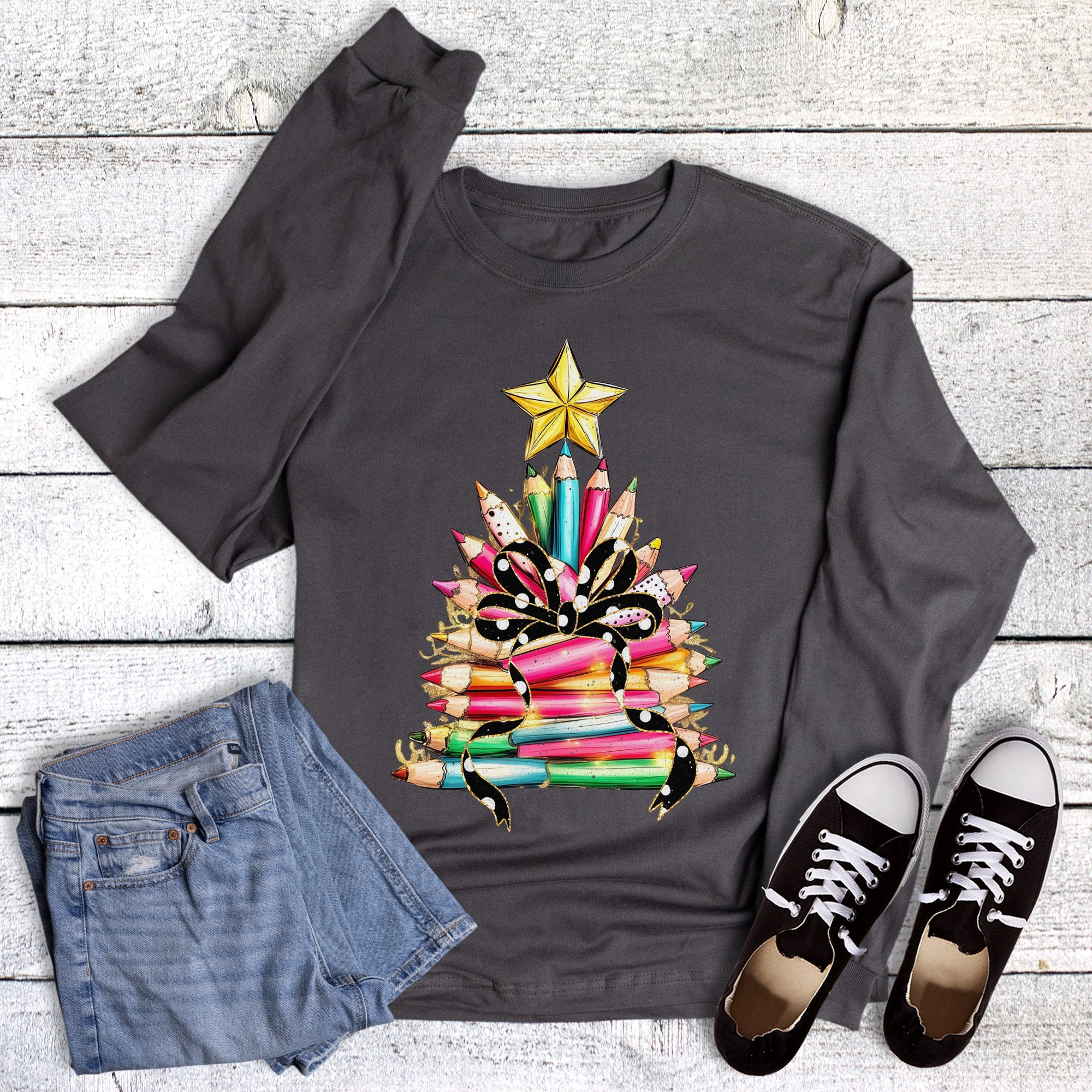 Christmas Teacher Map Pencil Tree Long Sleeve