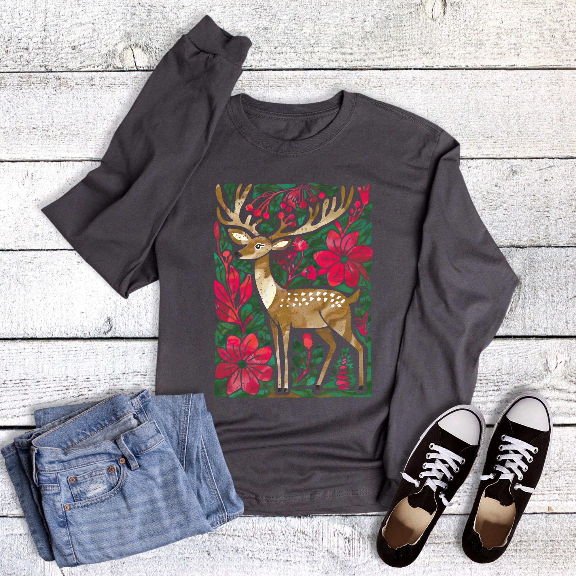 Christmas Boho Watercolor Deer Long Sleeve
