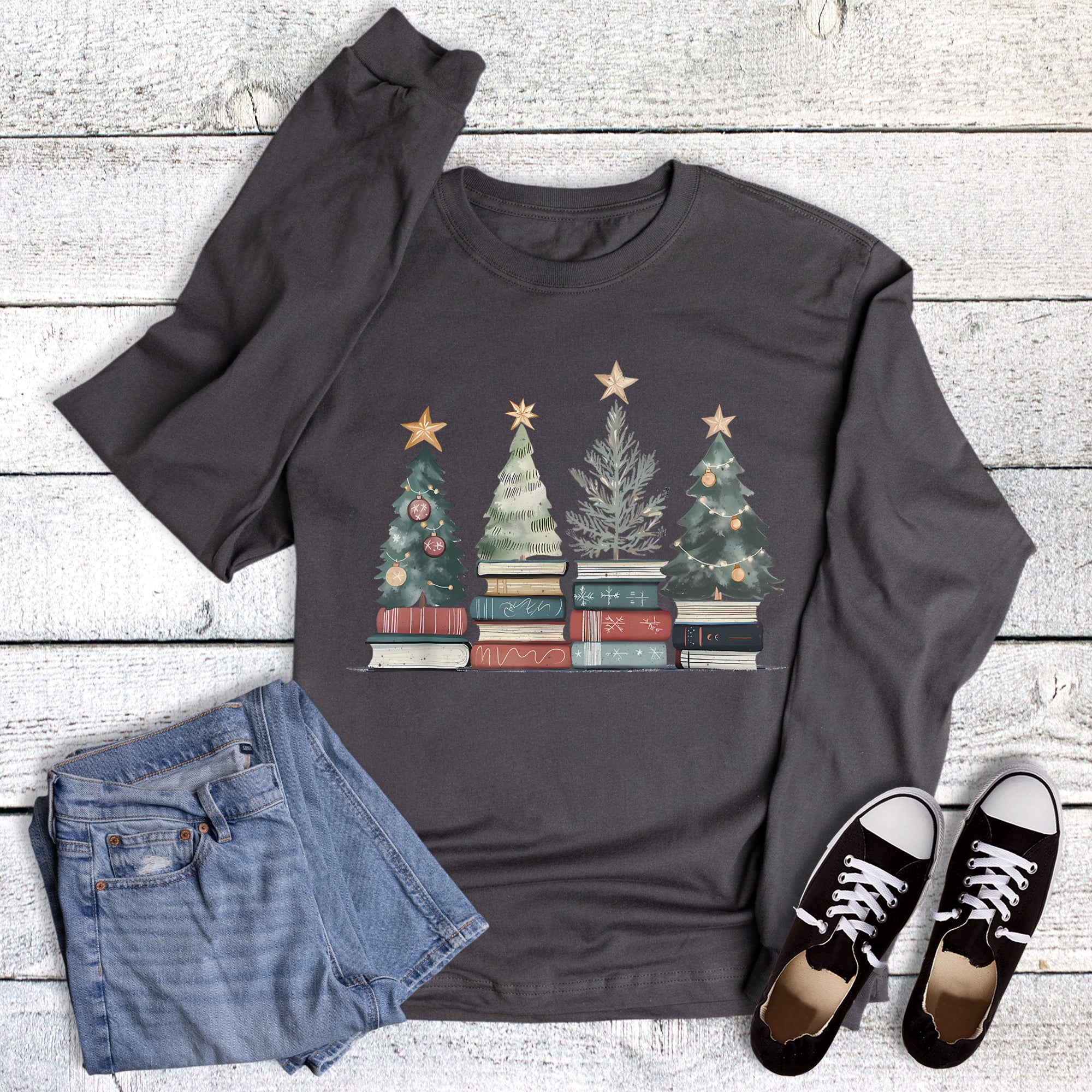Christmas Books Trees Reading Long Sleeve