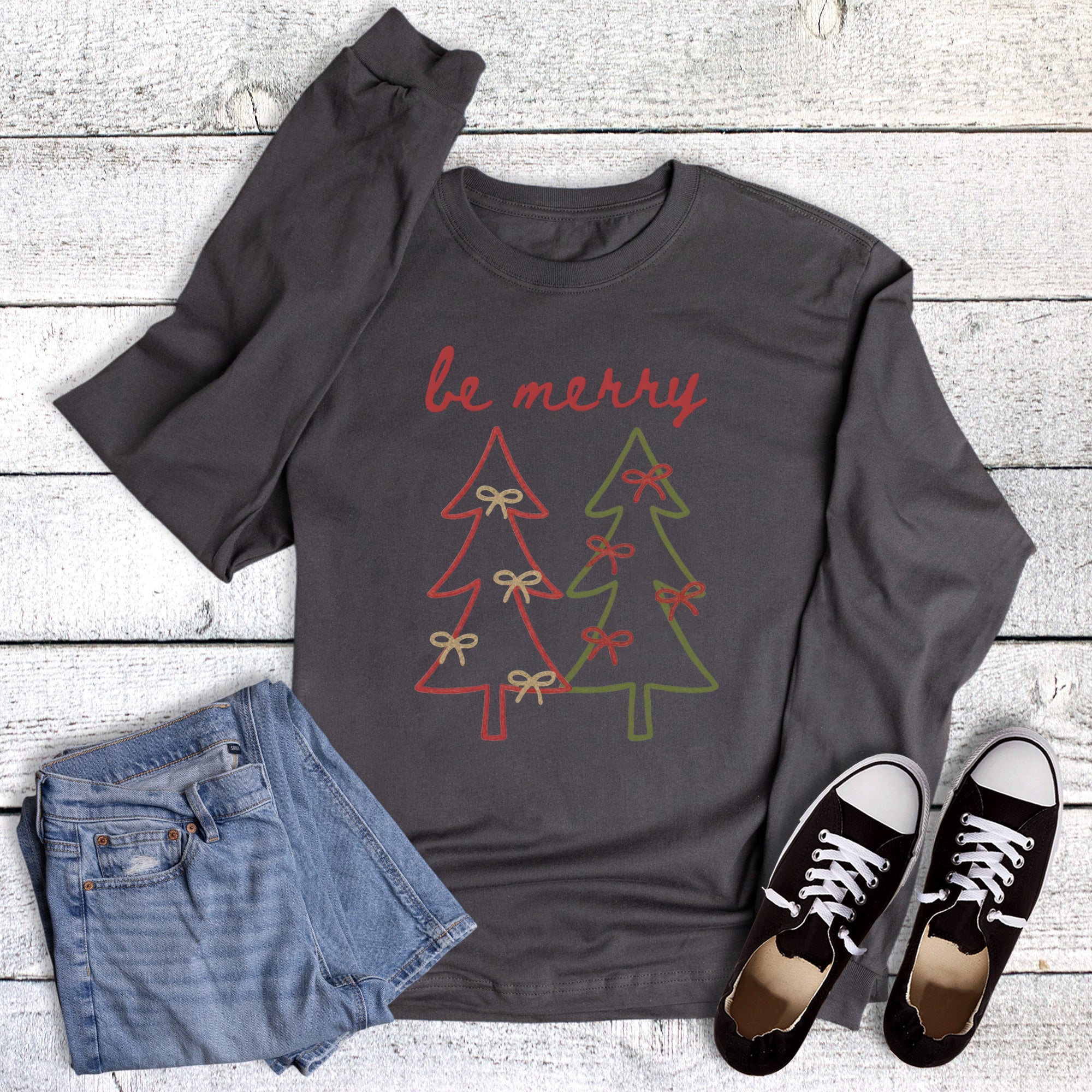 Christmas Bow Trees Be Merry Long Sleeve