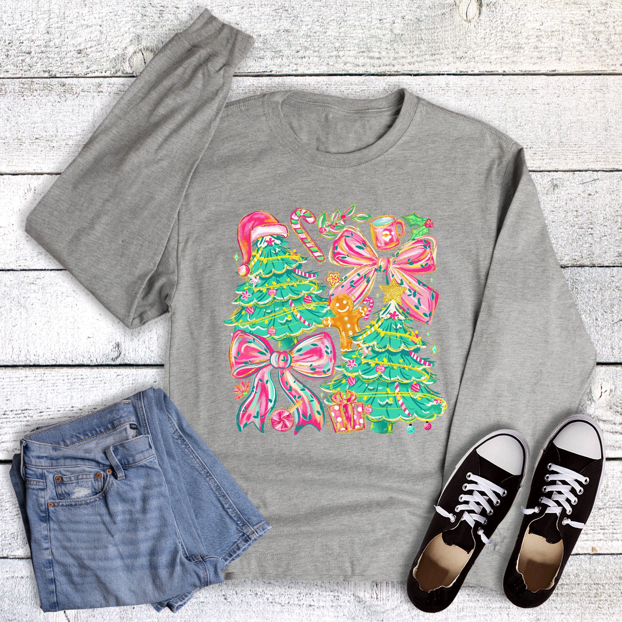 Christmas Brushstroke Coquette Trees and Bows Long Sleeve