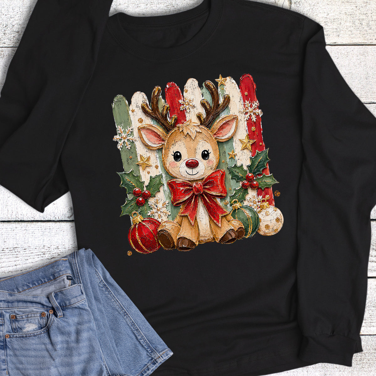 Christmas Coquette Reindeer Stripes Long Sleeve