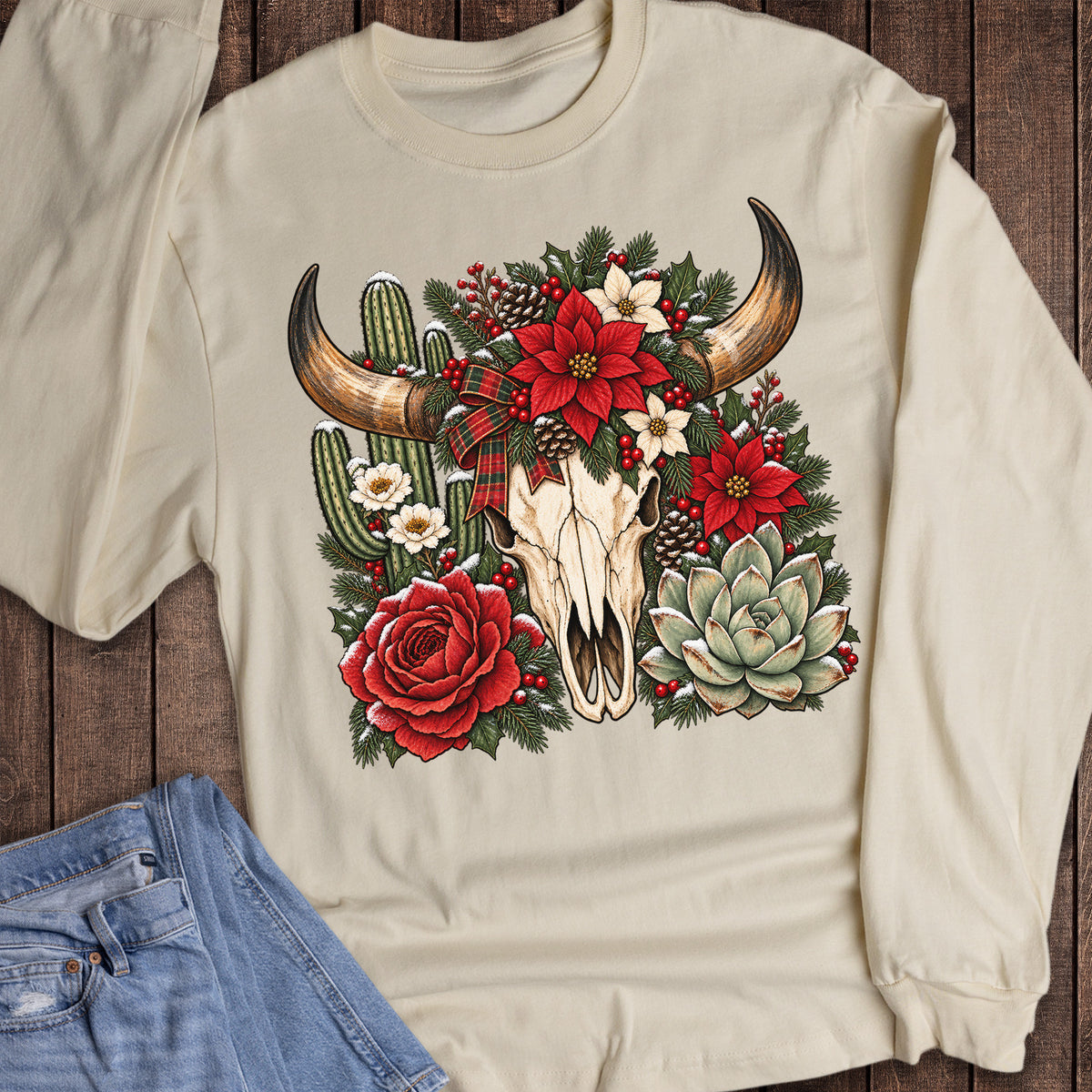 Christmas Cow Skull Cactus Poinsettia Western Long Sleeve