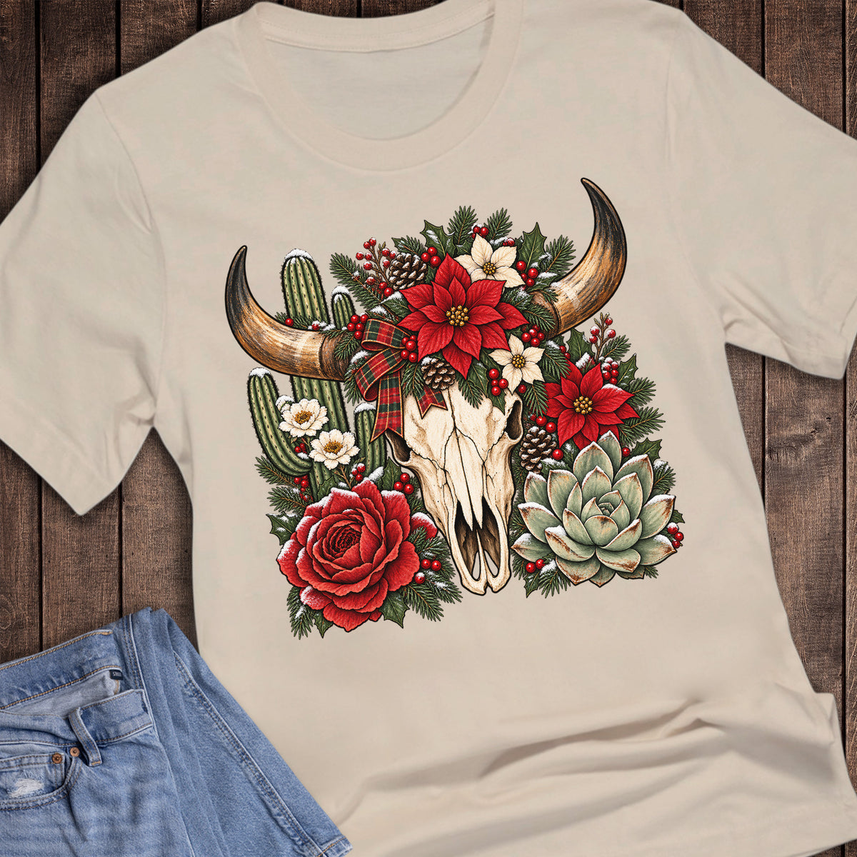 Christmas Cow Skull Cactus Poinsettia Western