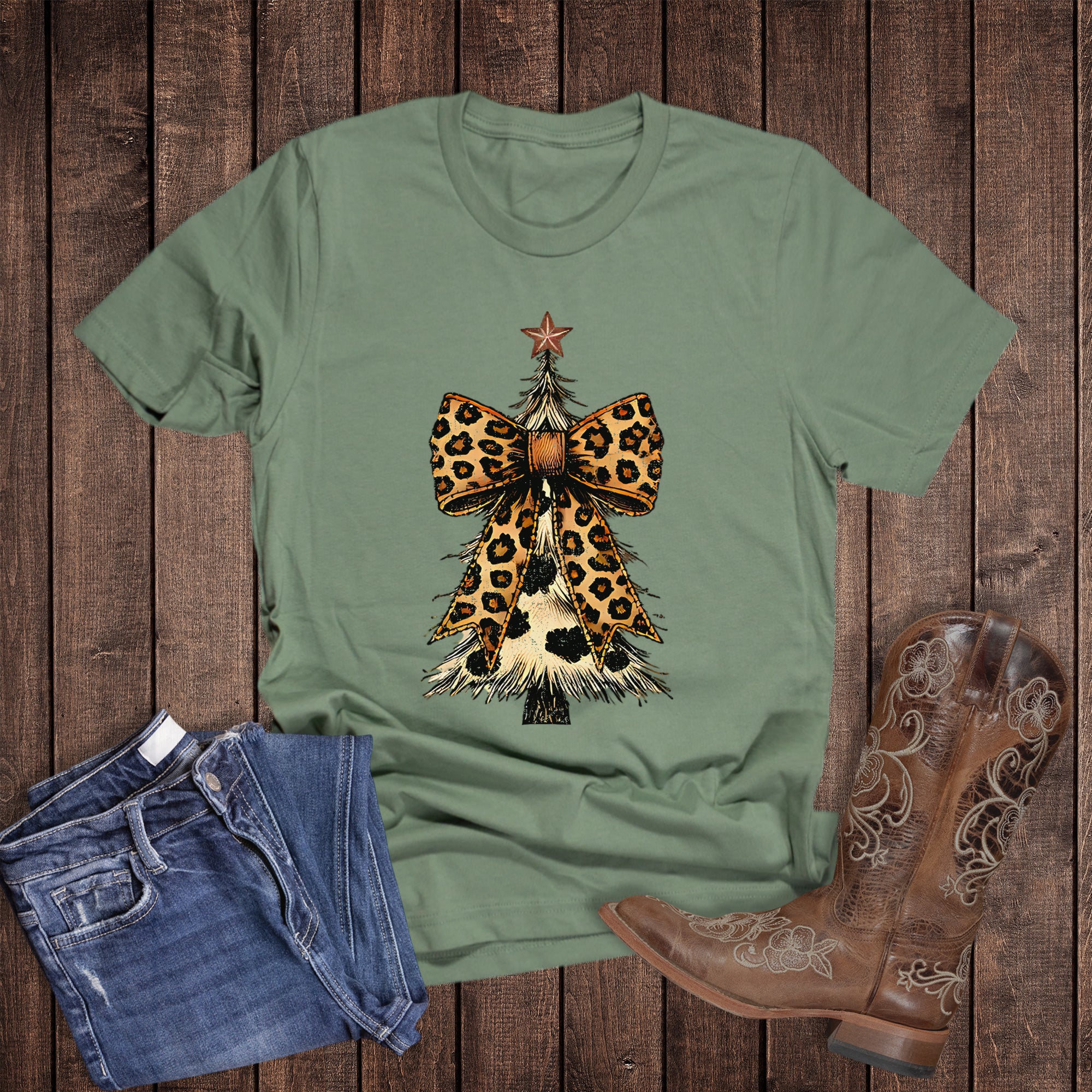 Christmas Cow Tree Leopard Bow