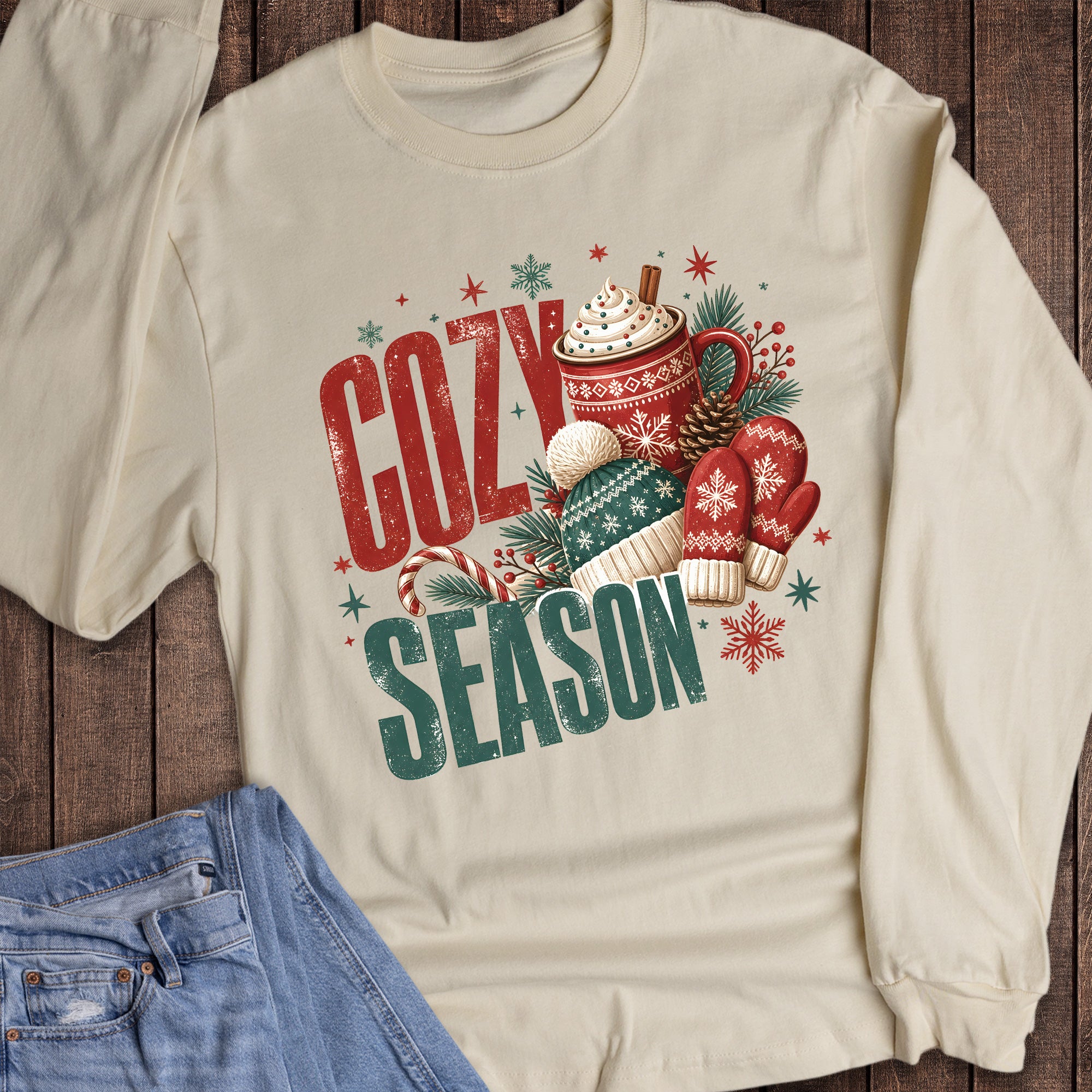 Christmas Cozy Season Mittens Hot Cocoa Long Sleeve