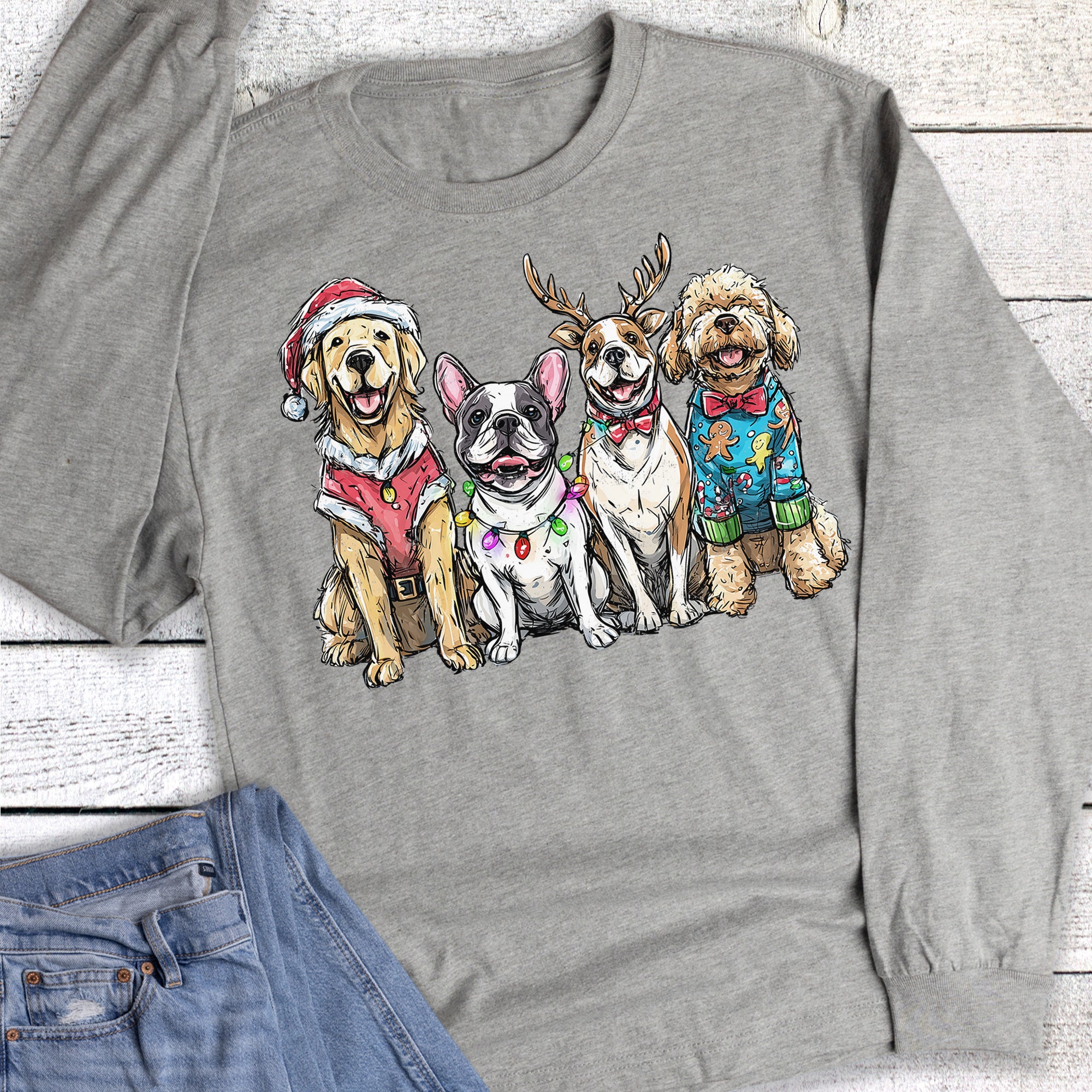 Christmas Dogs Santa Reindeer Long Sleeve