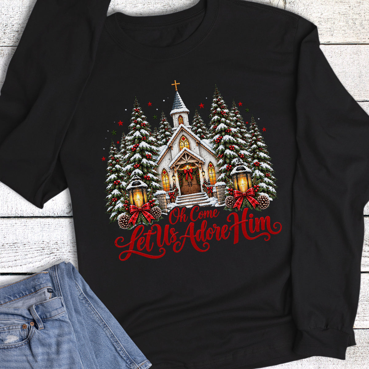 Christmas Faith Church Oh Come Let Us Adore Long Sleeve
