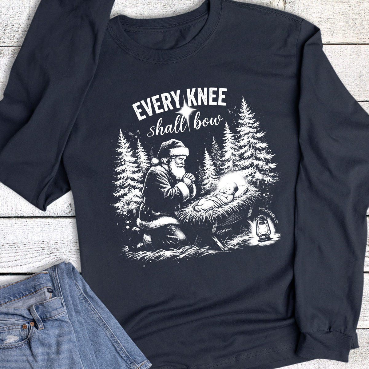 Christmas Faith Every Knee Shall Bow Santa Jesus Long Sleeve