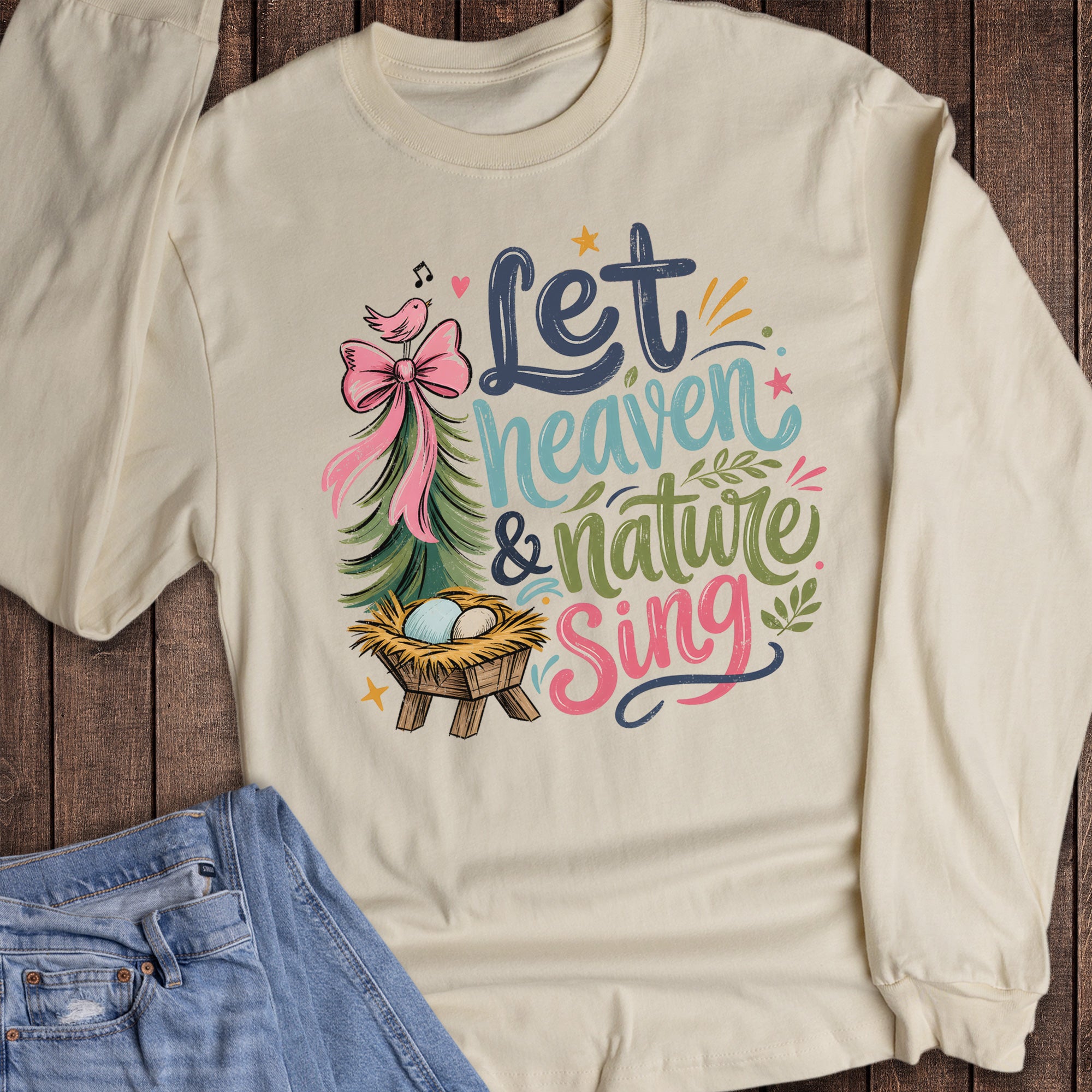 Christmas Faith Heaven and Nature Sing Manger Long Sleeve