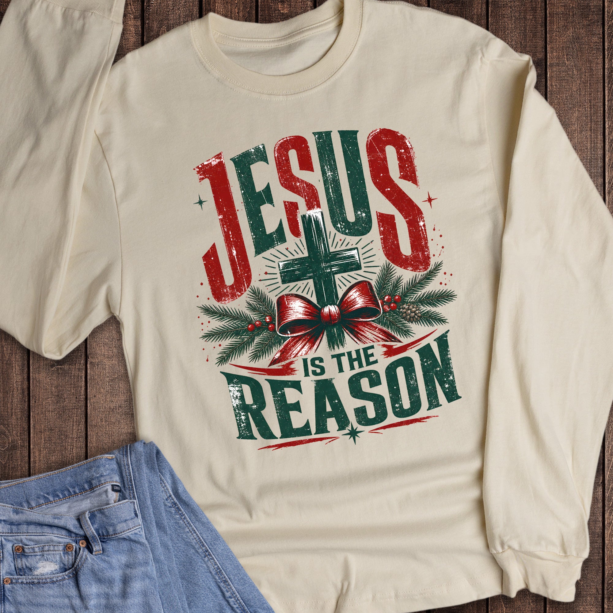 Christmas Faith Jesus is the Reason Cross Greenery Bow Long Sleeve