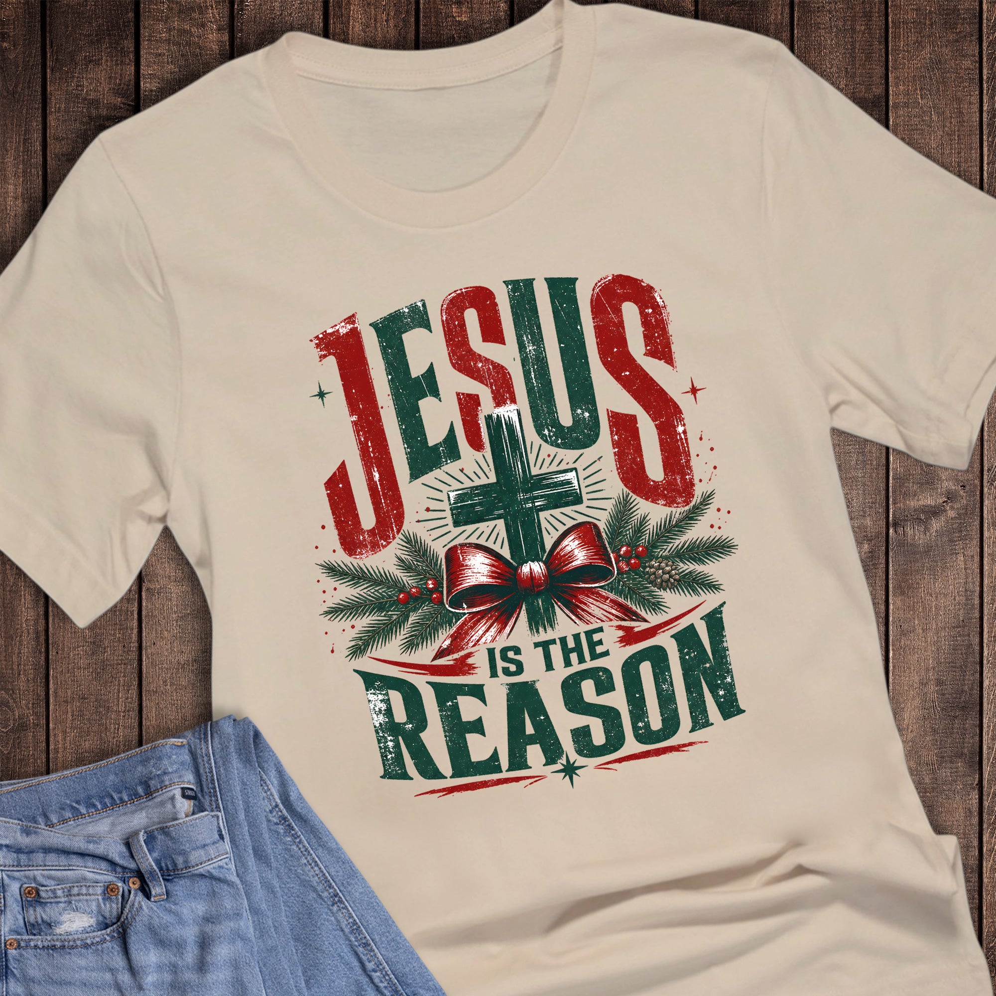 Christmas Faith Jesus is the Reason Cross Greenery Bow