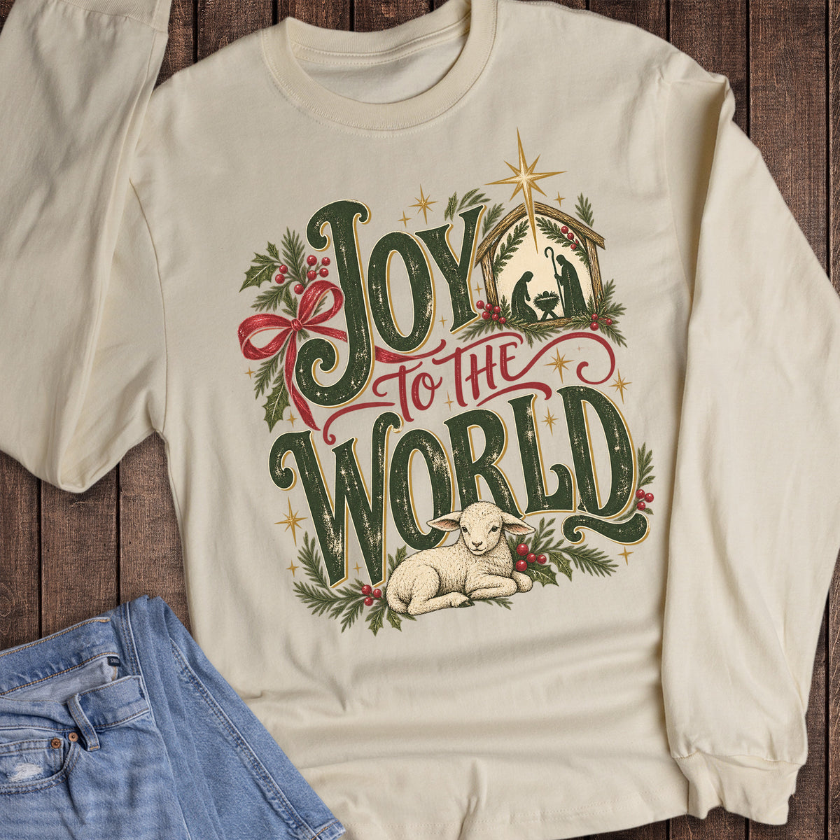 Christmas Faith Joy to the World Lamb Nativity Long Sleeve