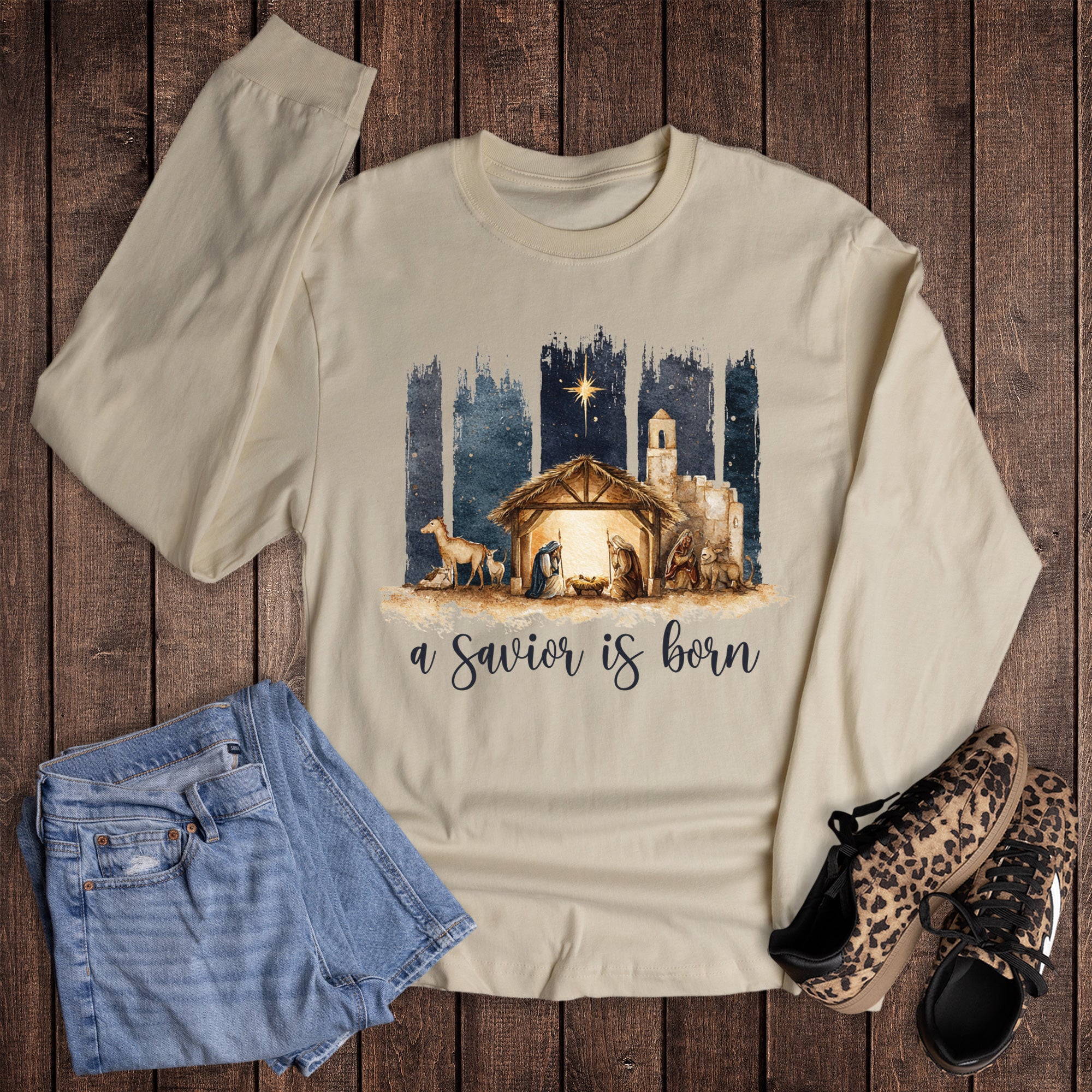 Christmas Faith Nativity A Savior is Born Long Sleeve