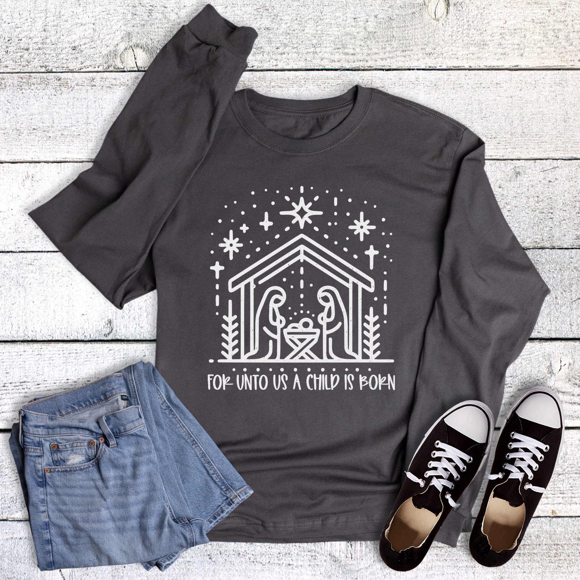 Christmas Faith Nativity For Unto Us A Child Manger Long Sleeve