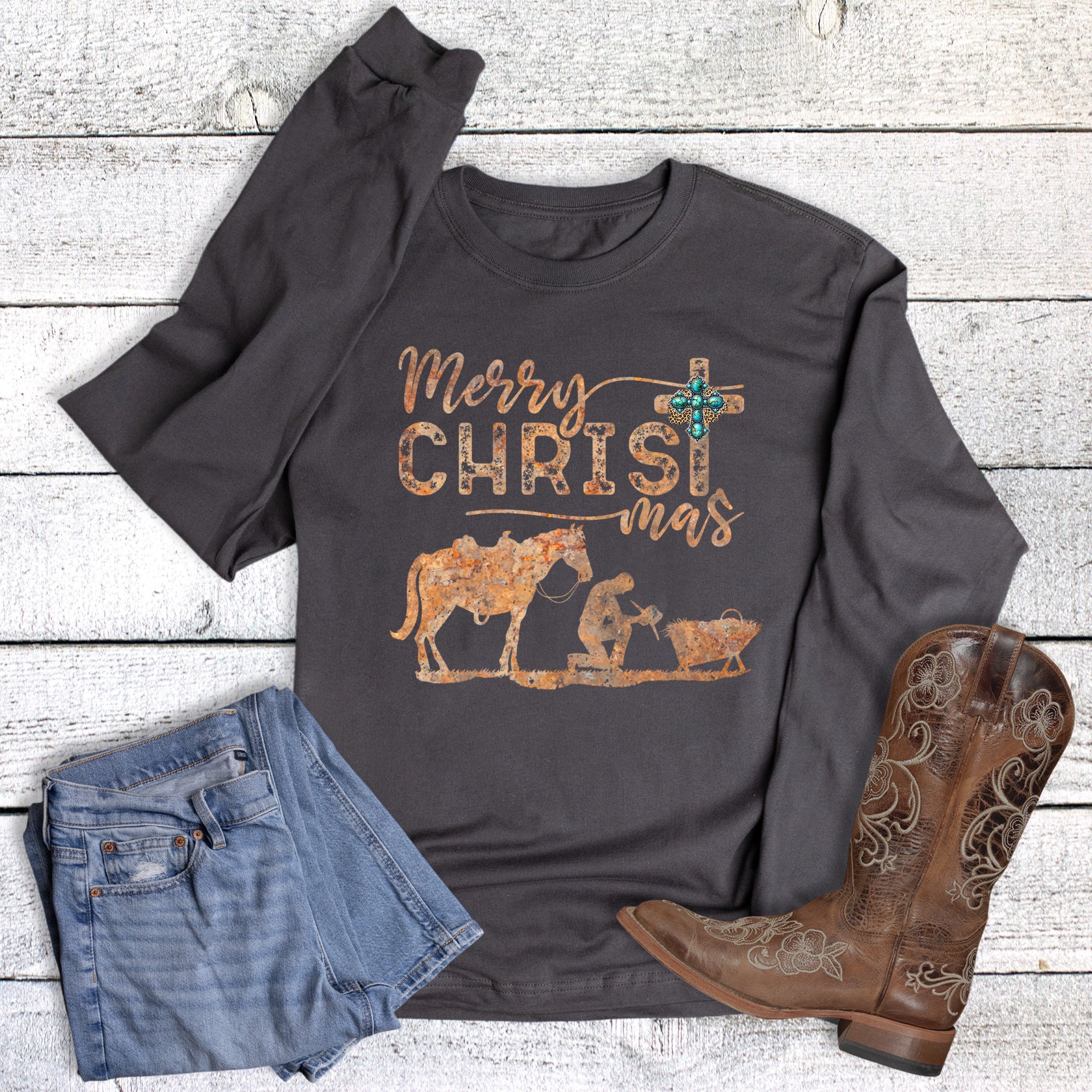 Christmas Faith Western Rust Merry Christ Mas Long Sleeve