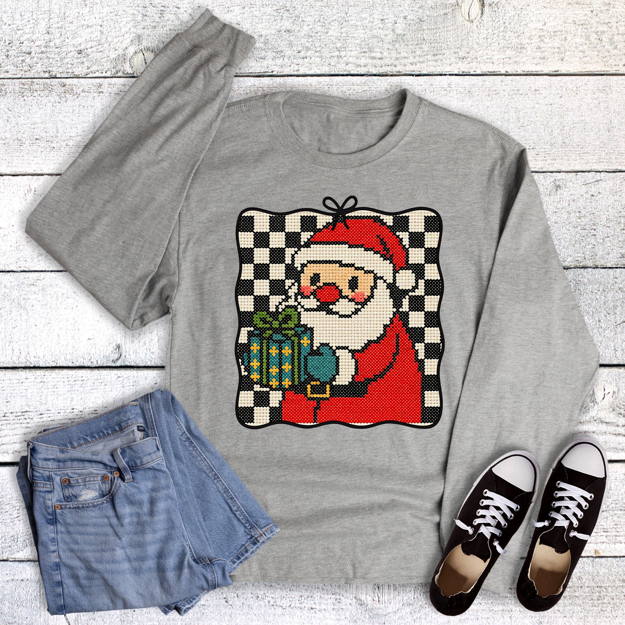 Christmas Faux Cross Stitch Needlepoint Santa Long Sleeve