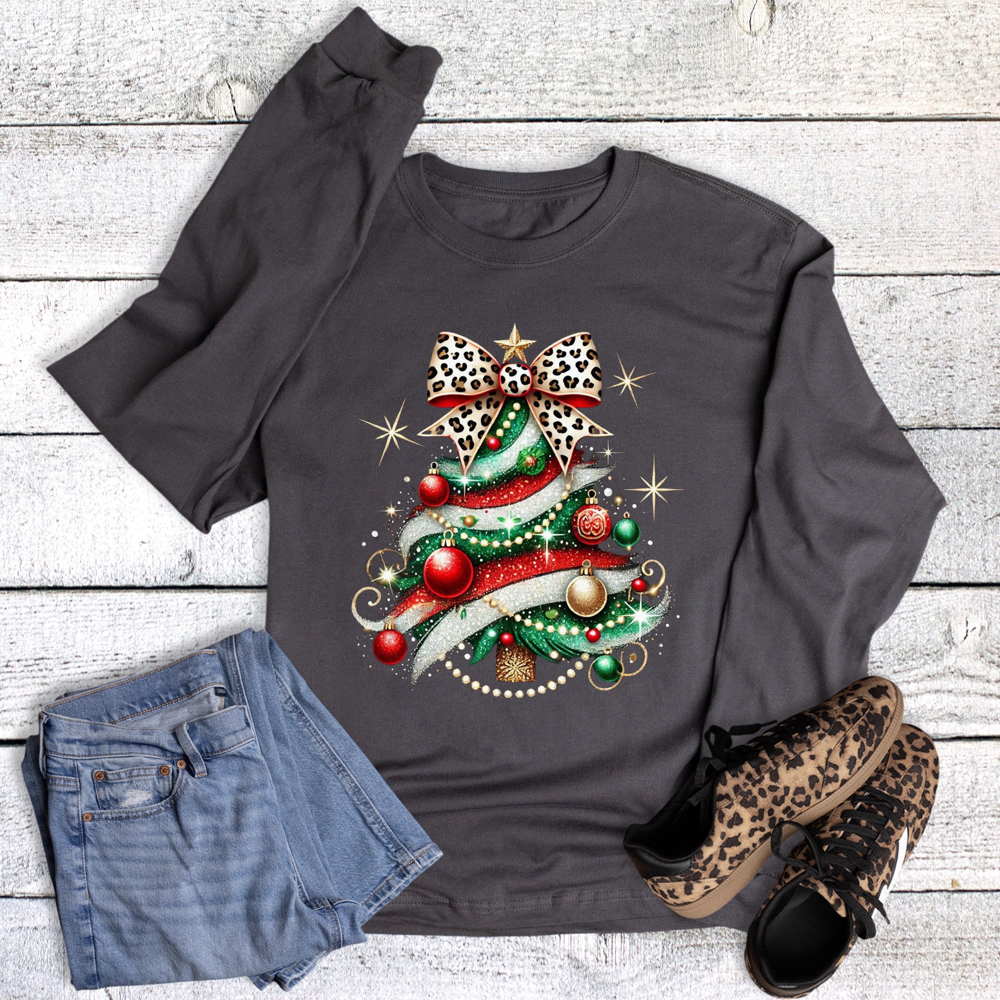 Christmas Faux Glitter Leopard Bow Tree Long Sleeve