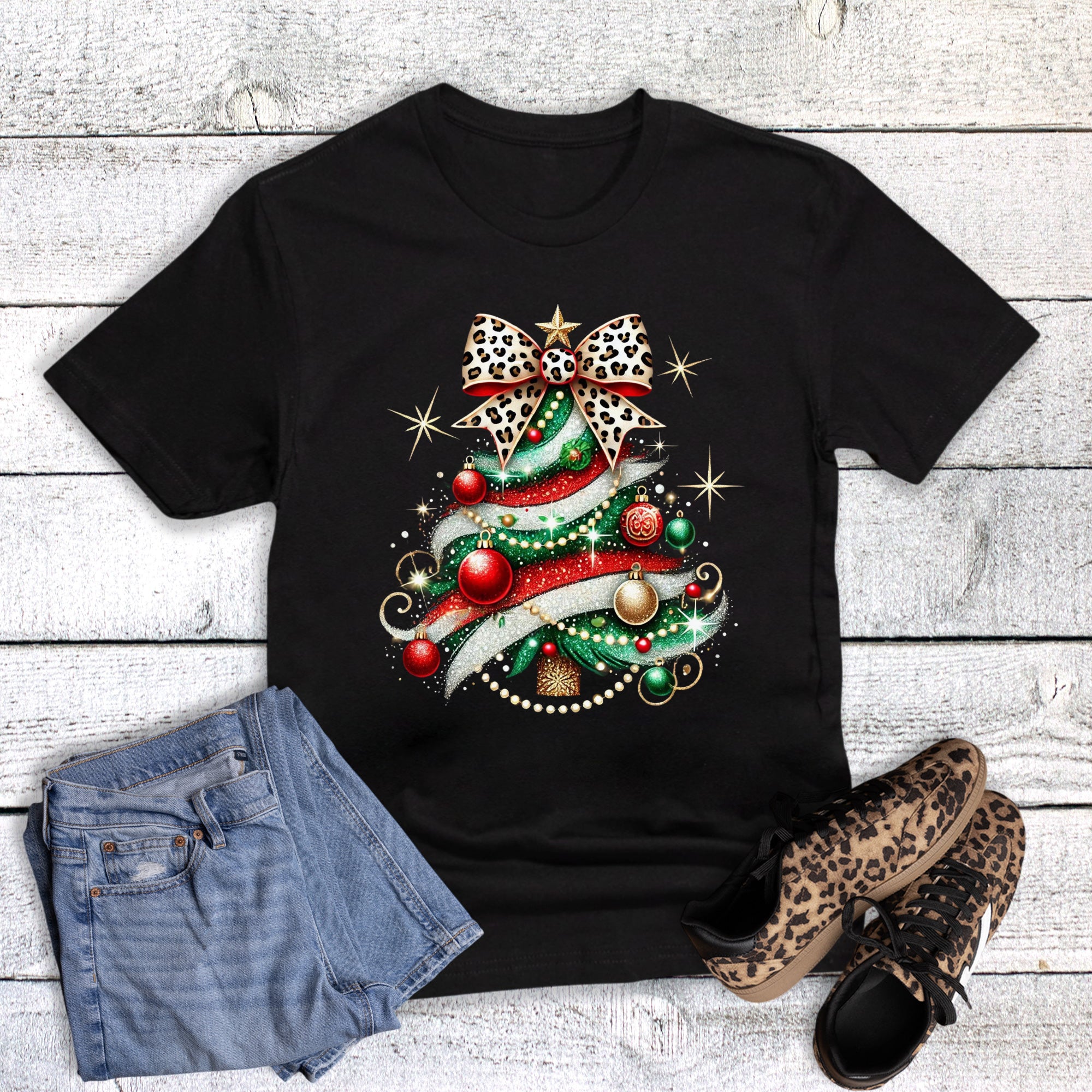 Christmas Faux Glitter Leopard Bow Tree