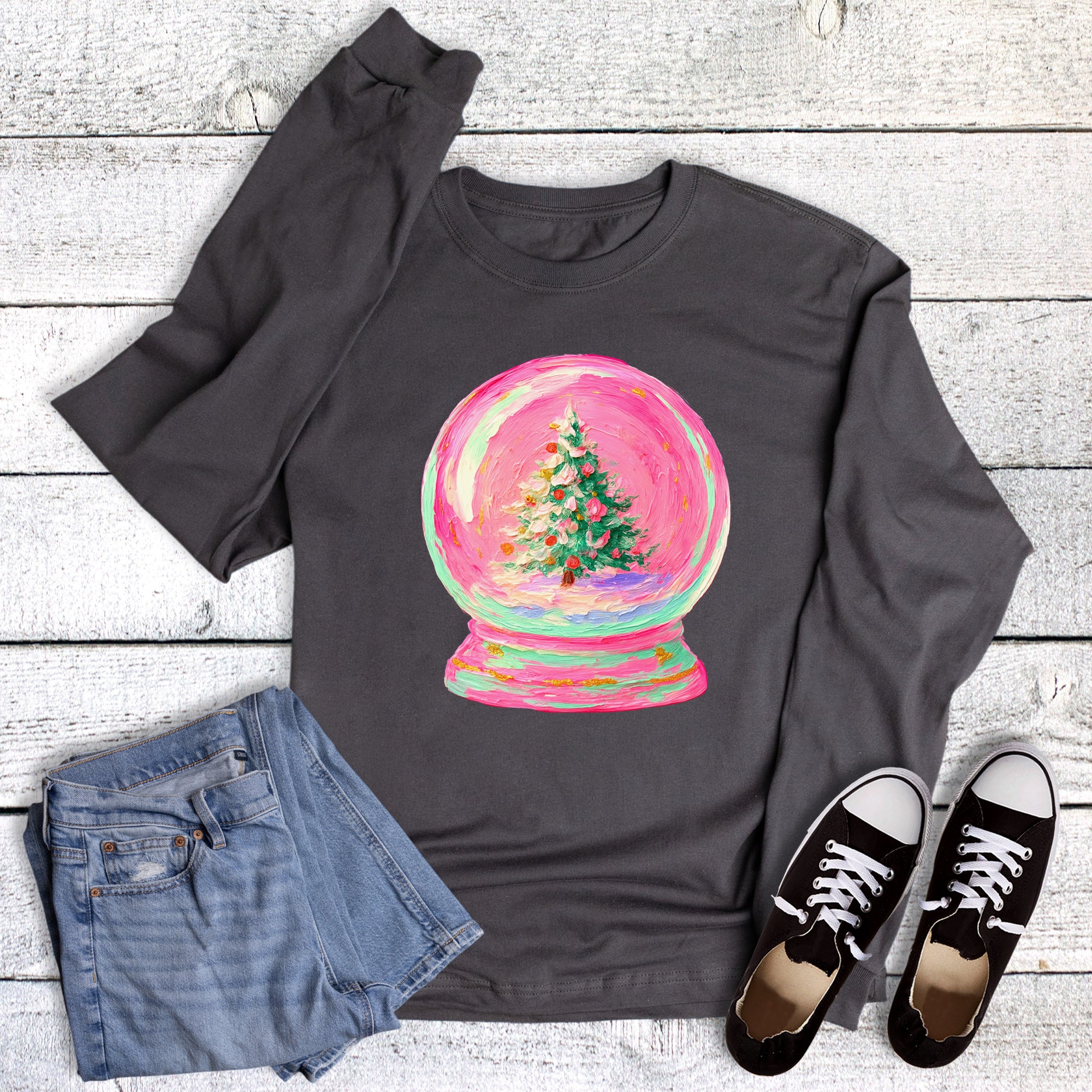 Christmas Faux Hand Painted Snow Globe Long Sleeve