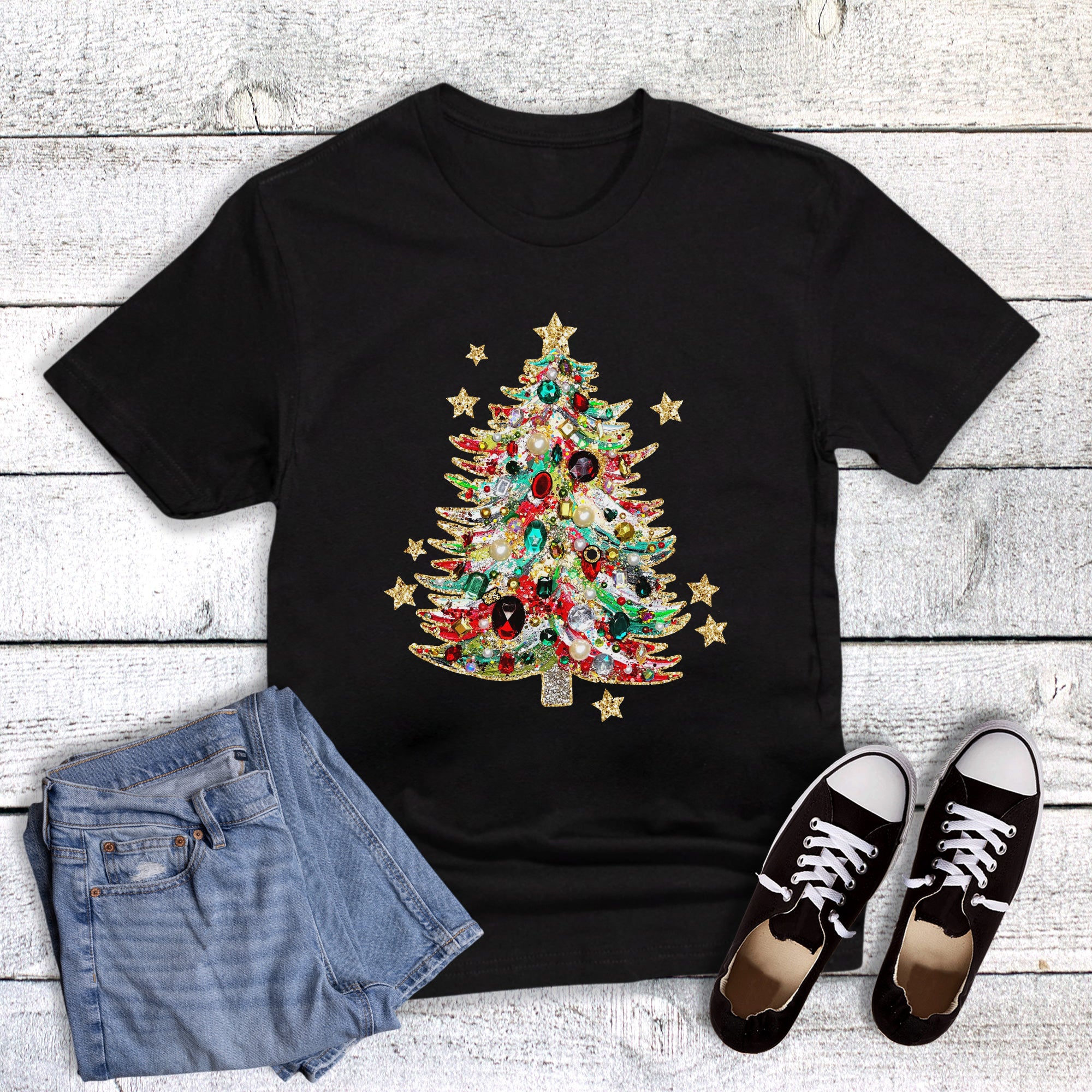 Christmas Faux Painted Tree and Rhinestones