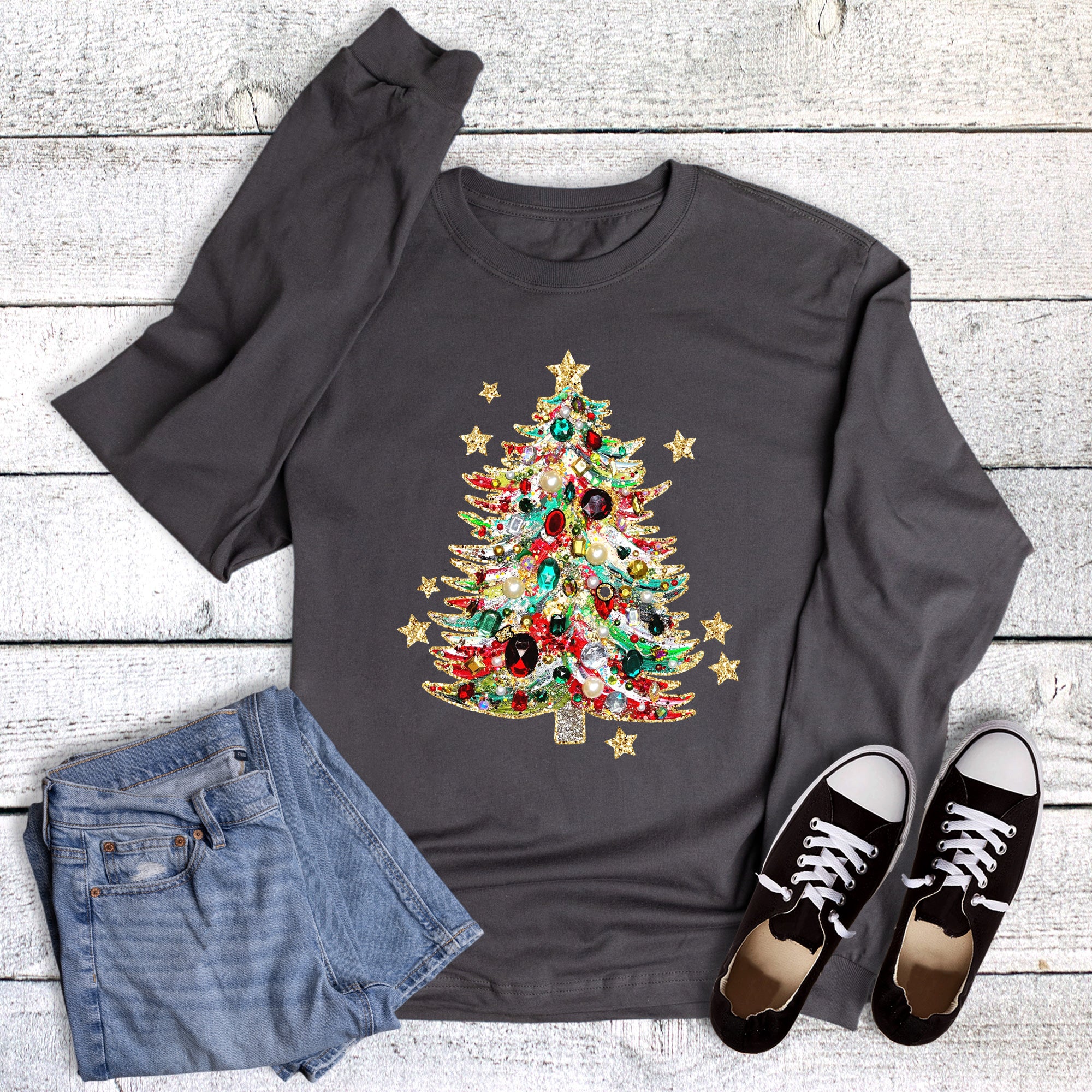 Christmas Faux Painted Tree and Rhinestones Long Sleeve