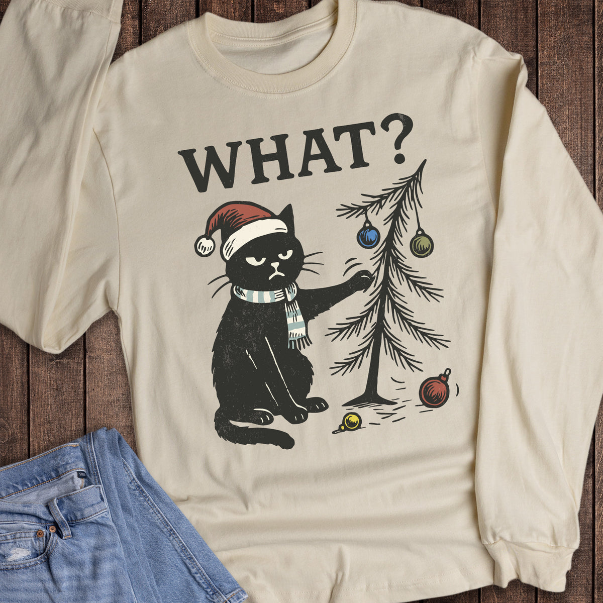 Christmas Funny Santa Cat and Tree Long Sleeve