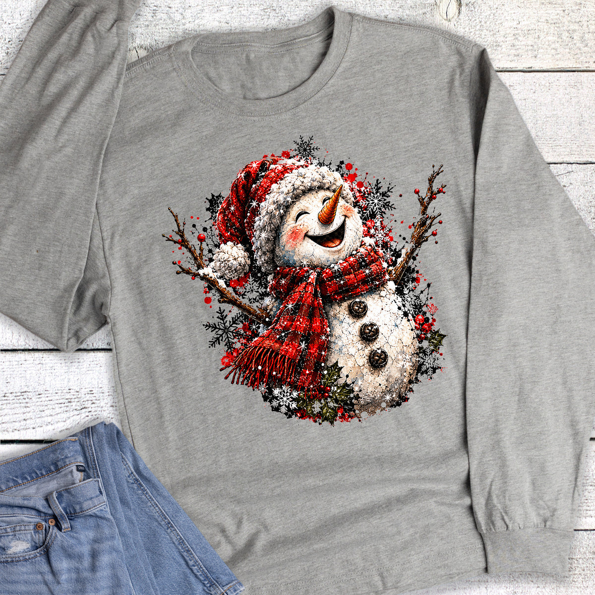 Christmas Happy Snowman with Scarf Long Sleeve