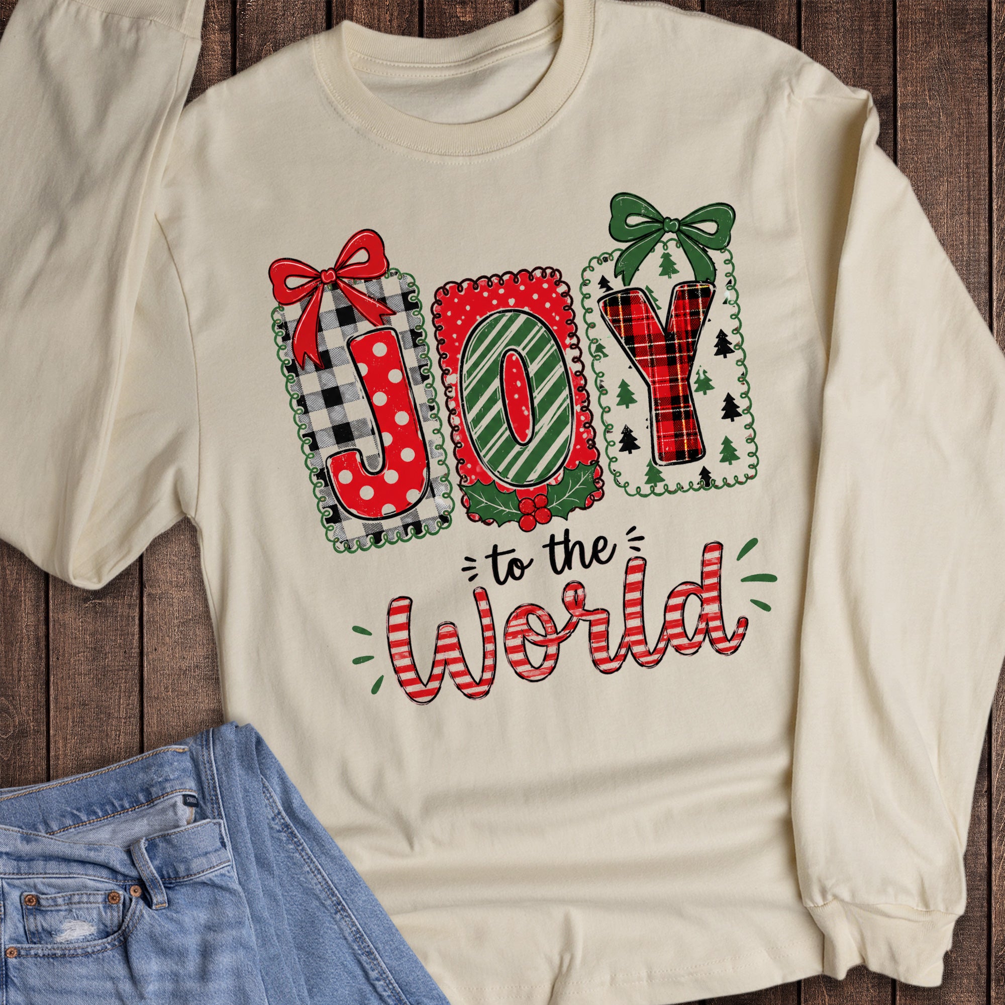 Christmas Joy to the World Check Stripes Long Sleeve
