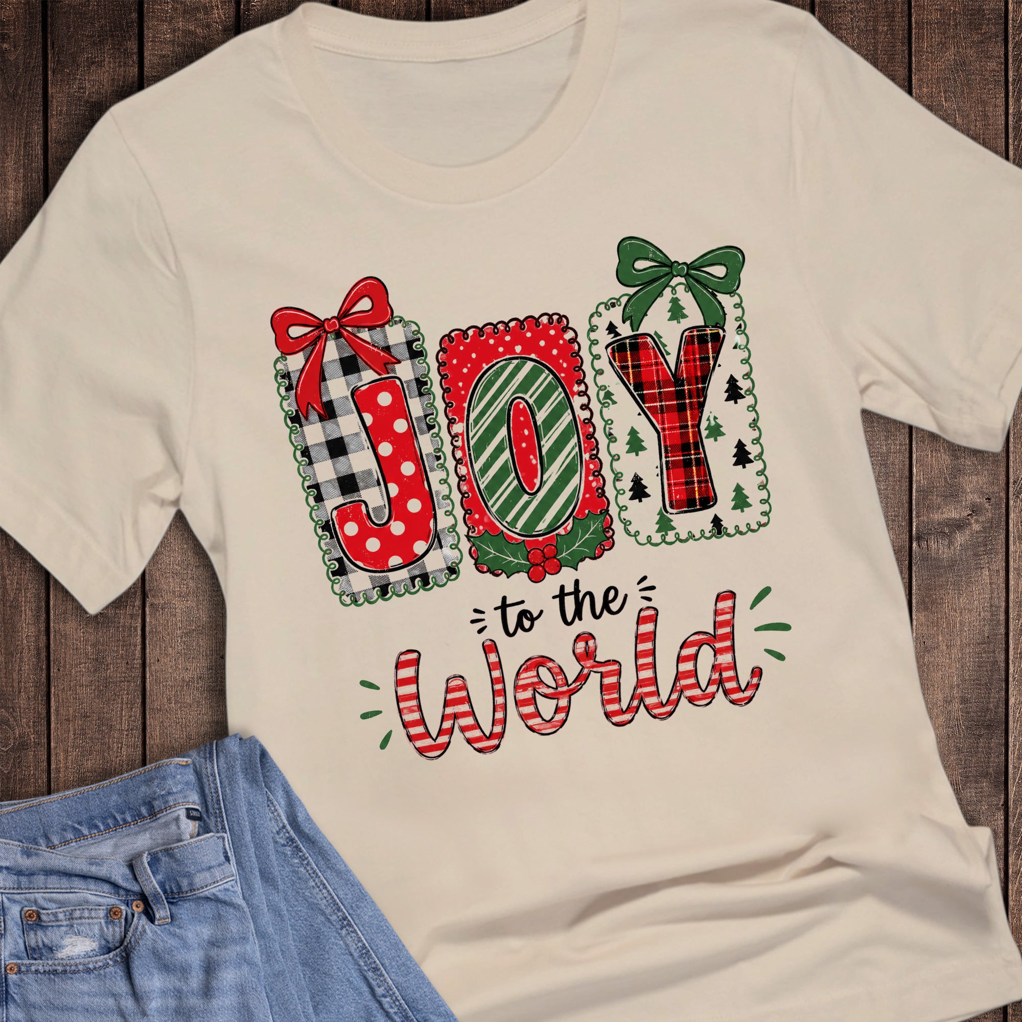 Christmas Joy to the World Check Stripes