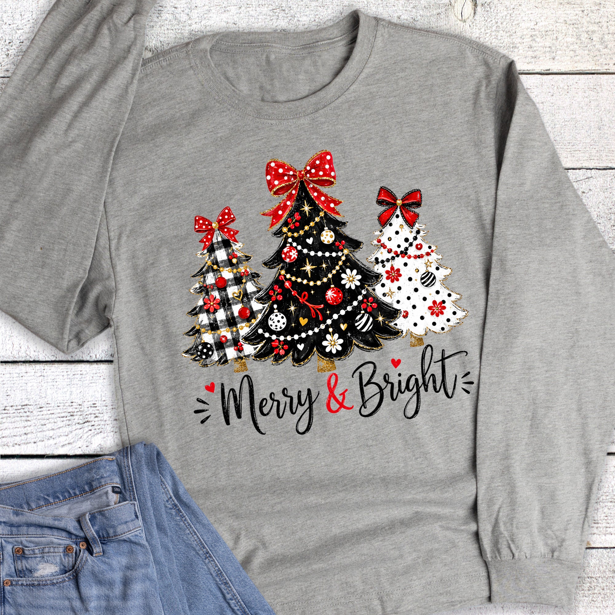 Christmas Merry and Bright Red Black Tree Trio Long Sleeve