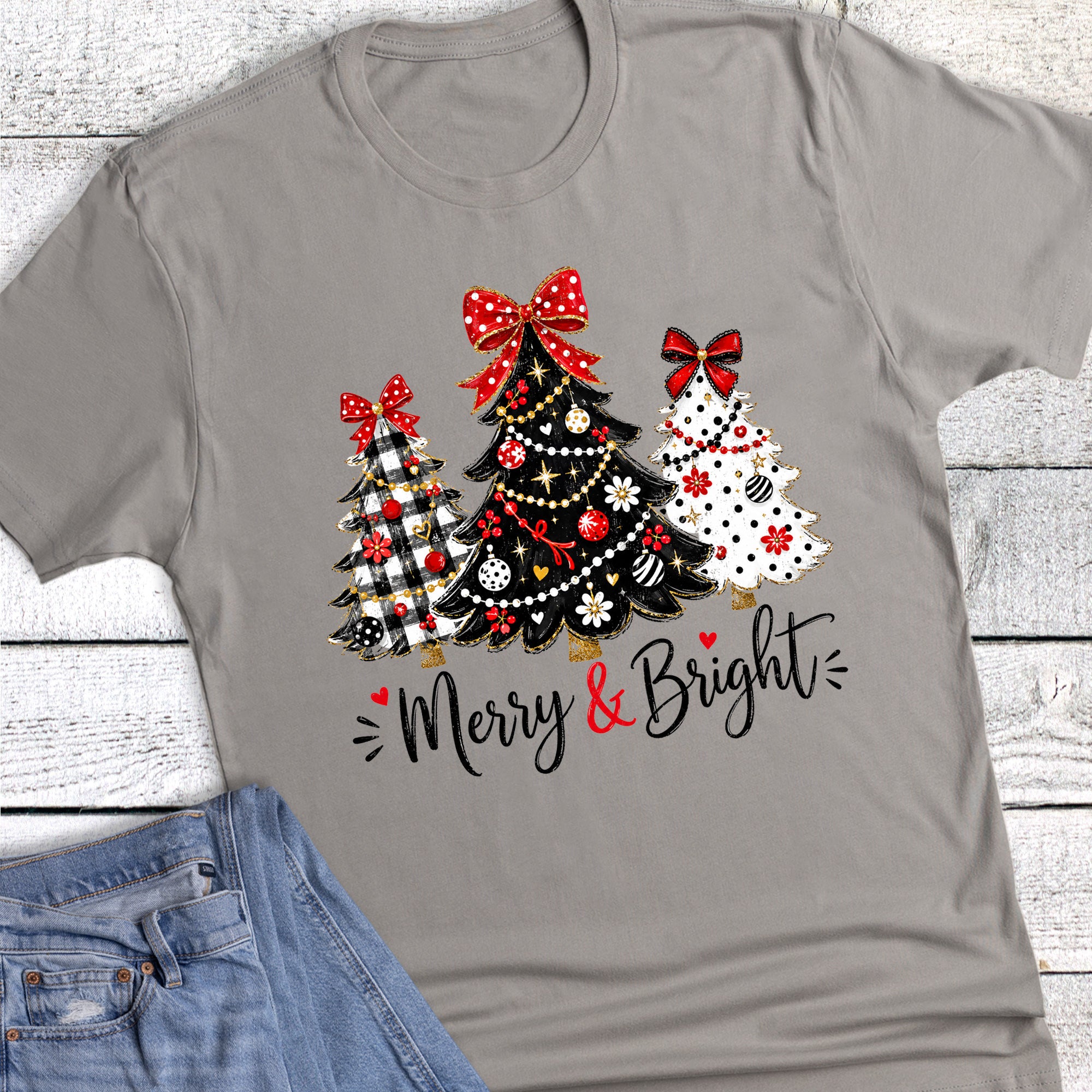 Christmas Merry and Bright Red Black Tree Trio
