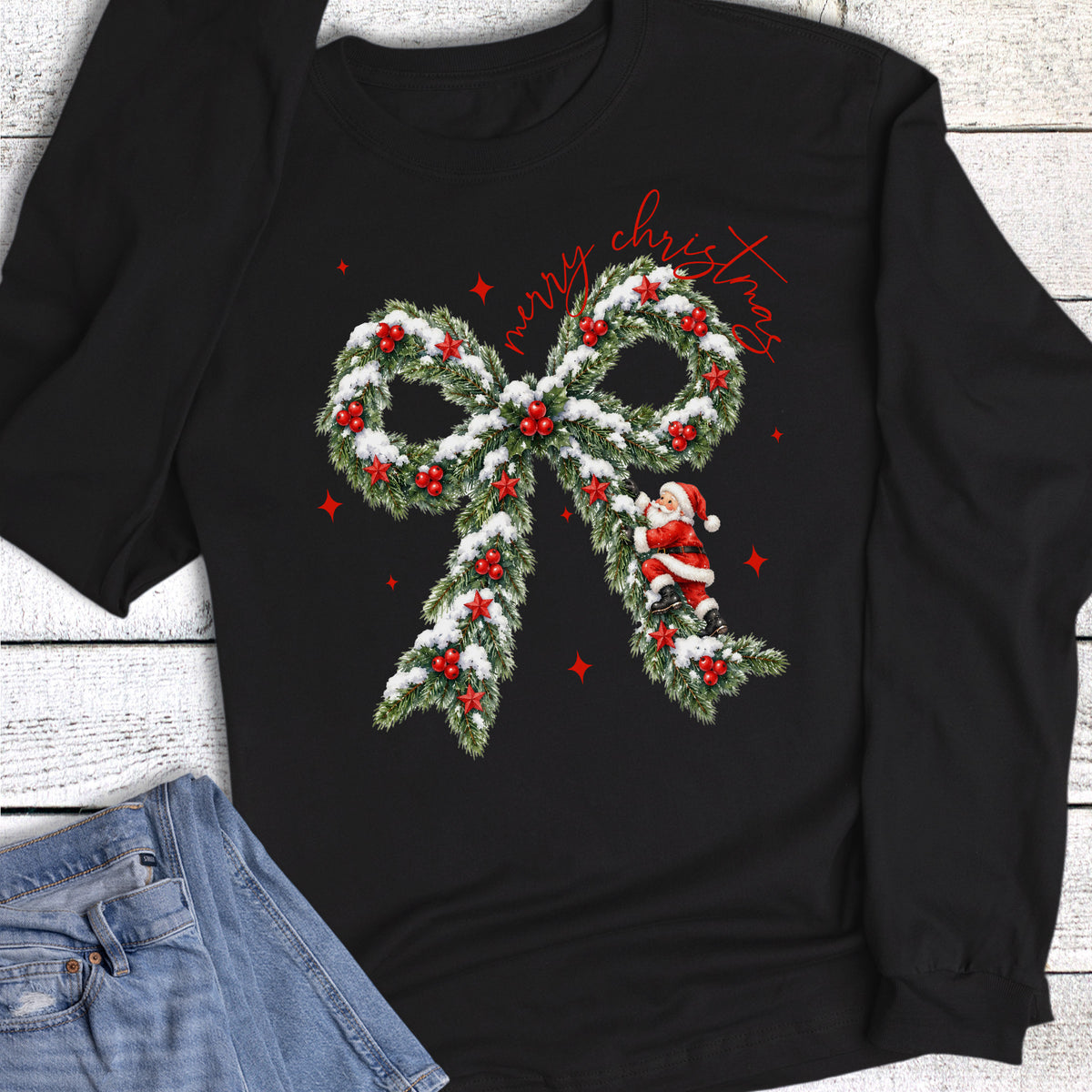 Christmas Merry Santa Climbing Bow Long Sleeve