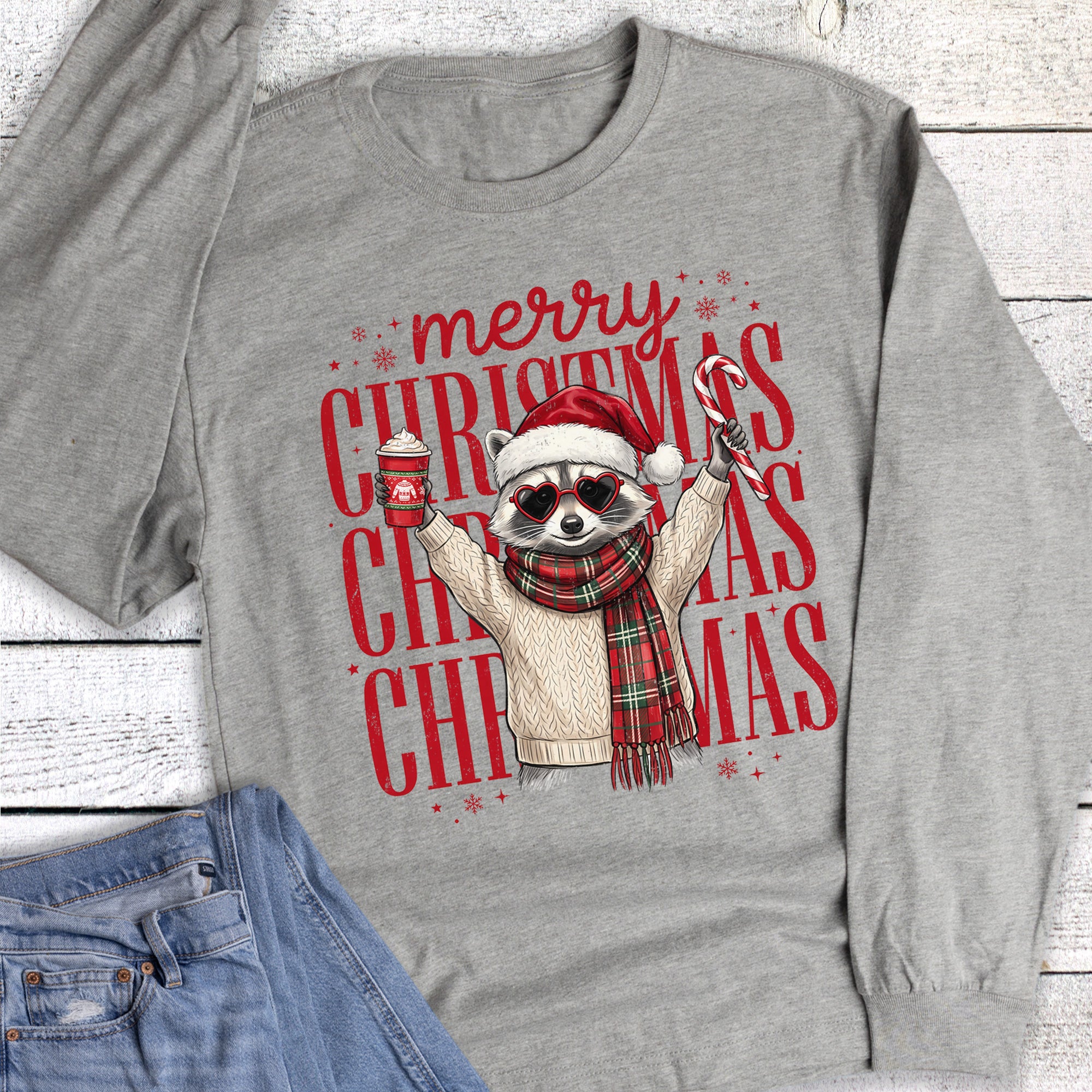 Christmas Merry Stacked Raccoon Coffee Candy Cane Long Sleeve