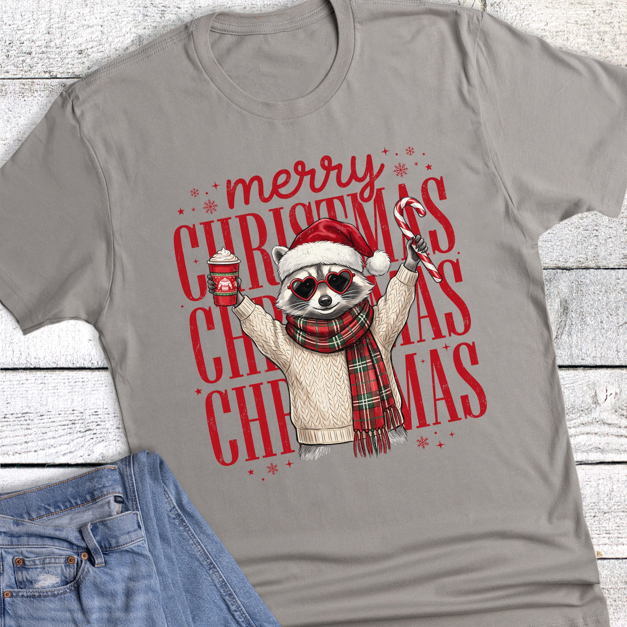 Christmas Merry Stacked Raccoon Coffee Candy Cane