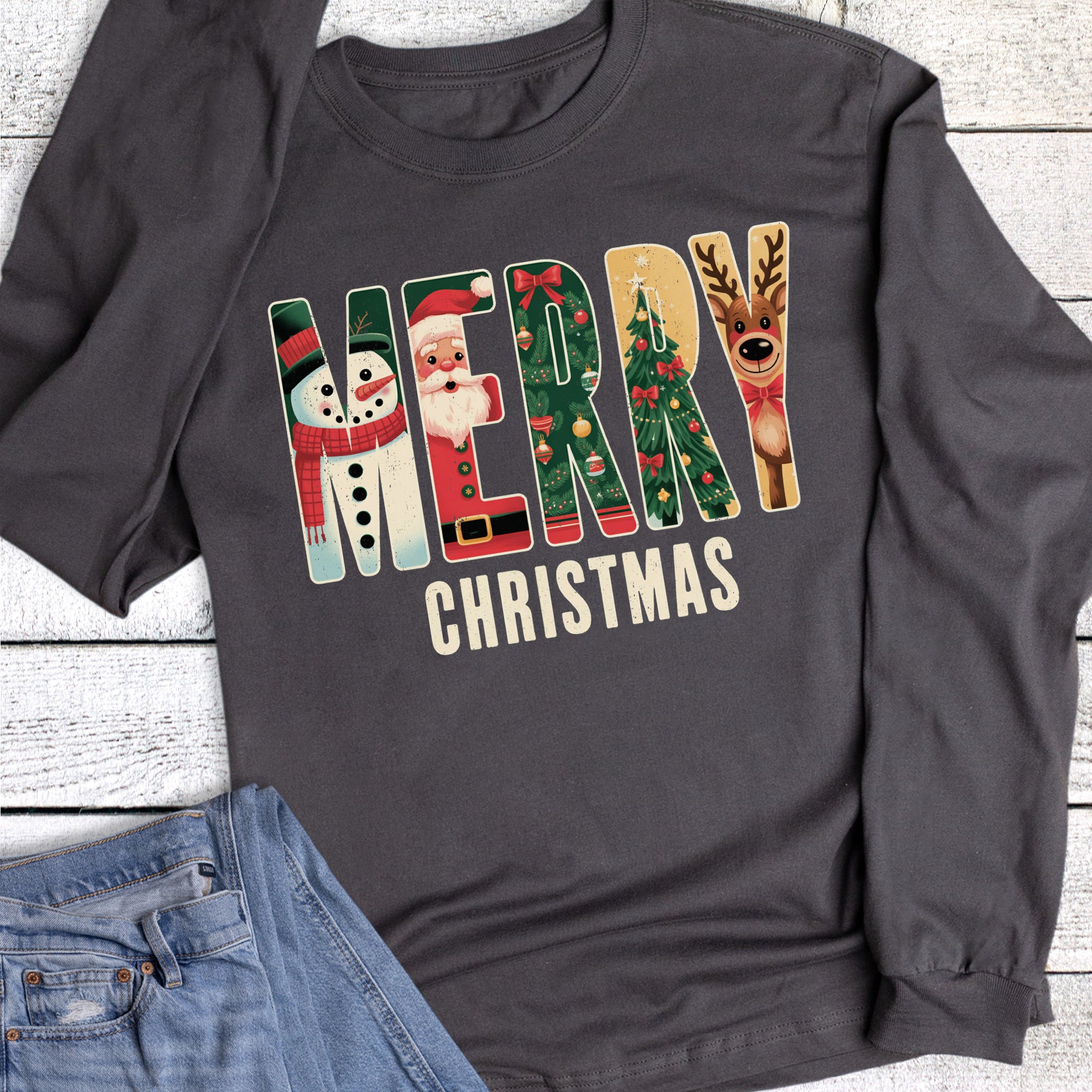 Christmas Merry Vintage Snowman Santa Reindeer Long Sleeve