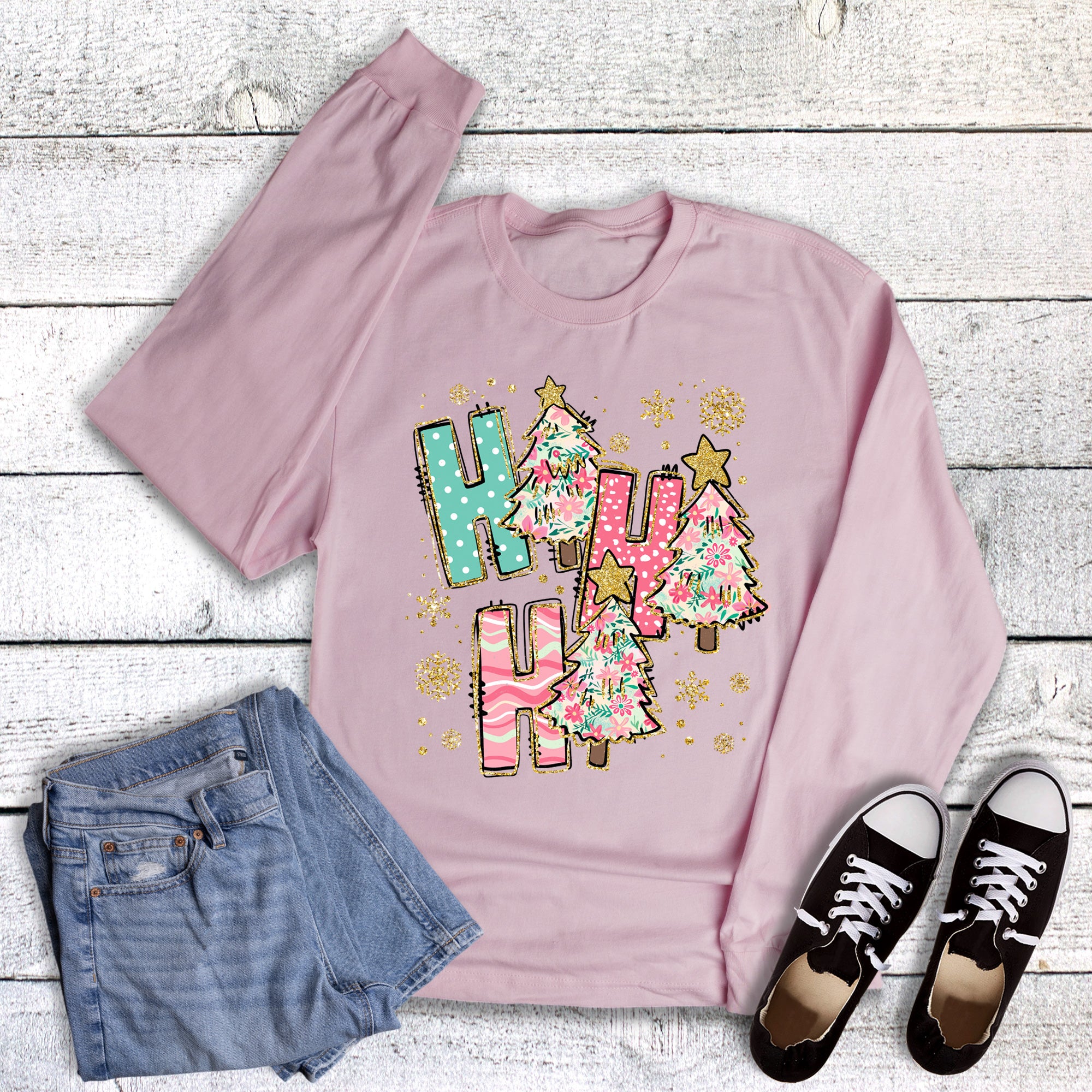 Christmas Multi Pattern Ho Ho Ho Long Sleeve