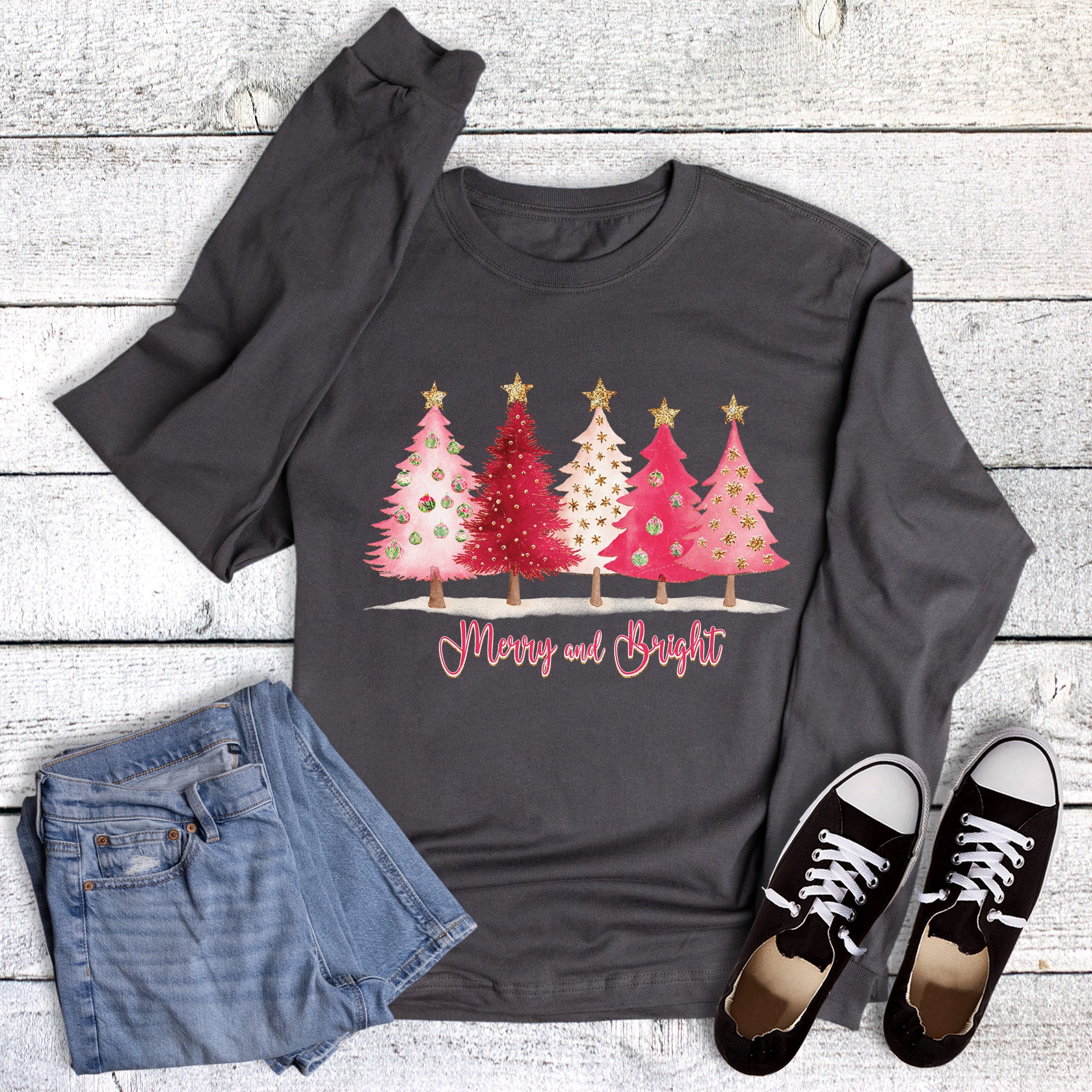 Christmas Pink Trees Merry and Bright Long Sleeve