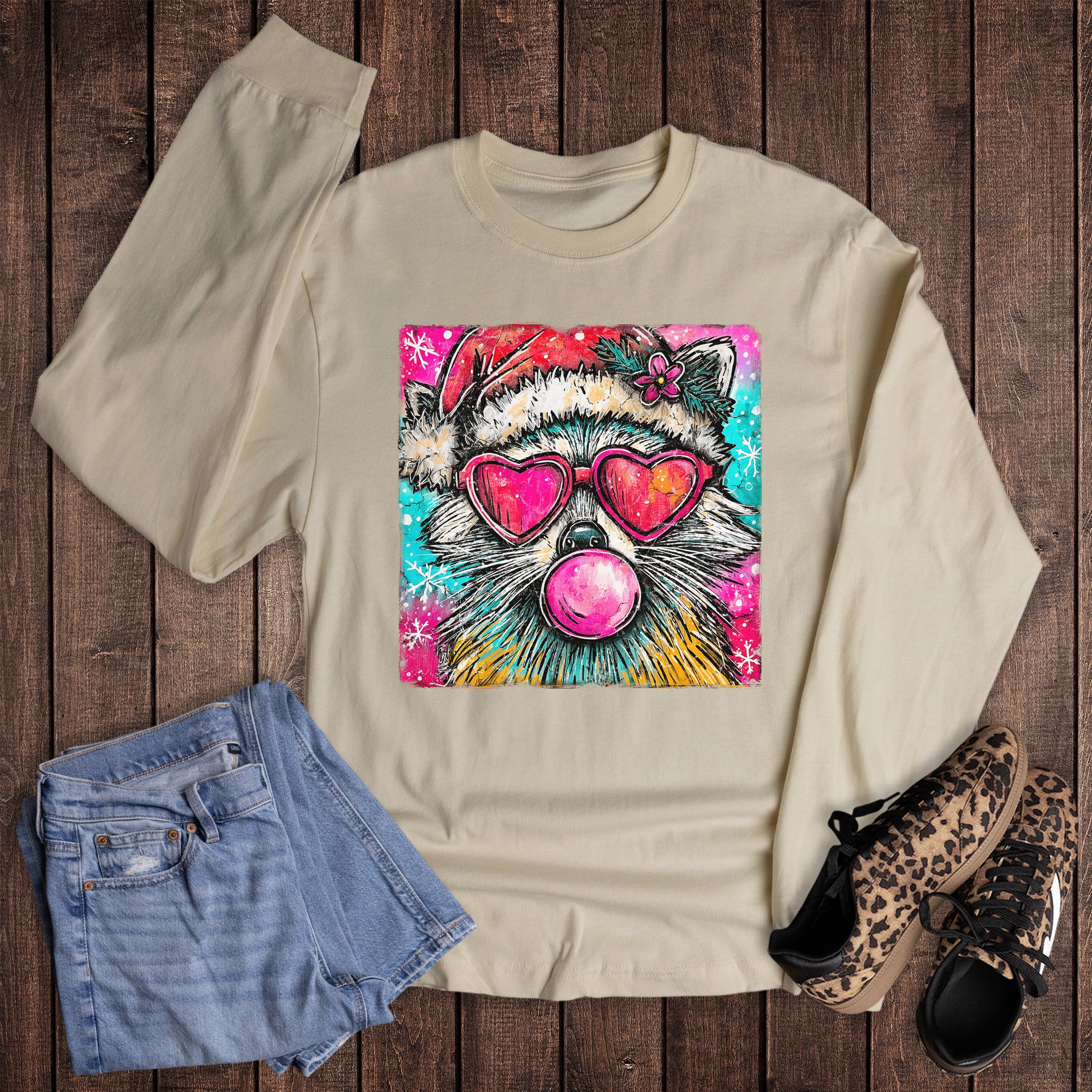 Christmas Raccoon with Shades and Bubblegum Long Sleeve