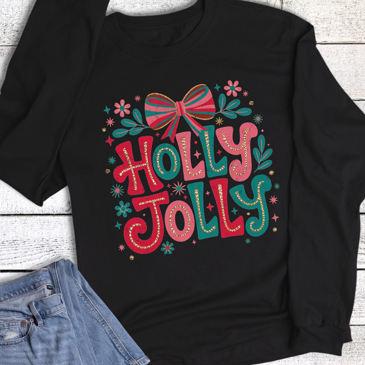 Christmas Retro Coquette Holly Jolly Bow Long Sleeve