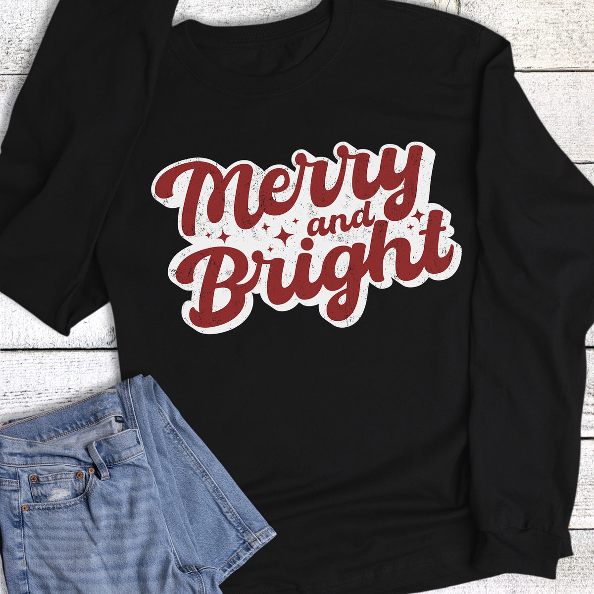 Christmas Retro Merry and Bright Sticker Long Sleeve