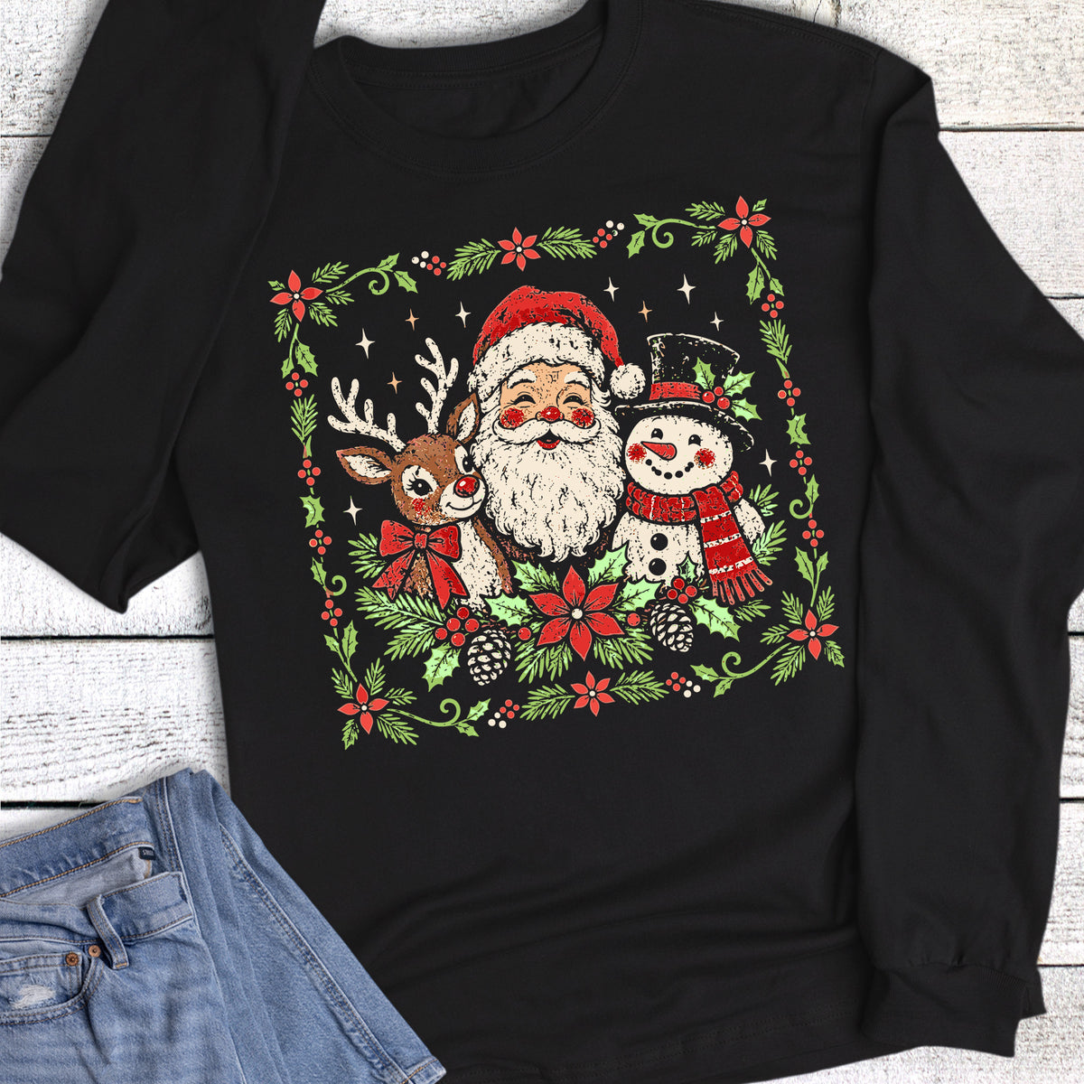 Christmas Retro Santa Reindeer Snowman Long Sleeve