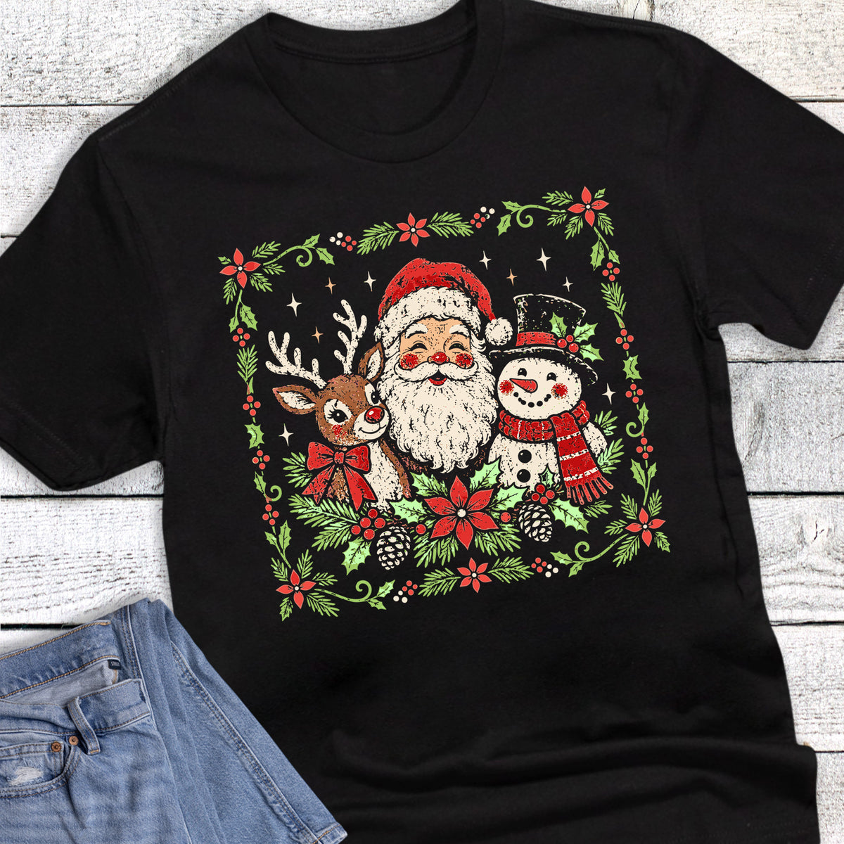 Christmas Retro Santa Reindeer Snowman