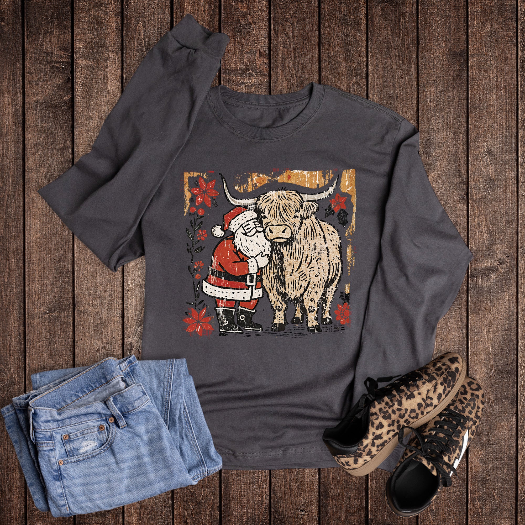 Christmas Santa and Highland Cow Long Sleeve