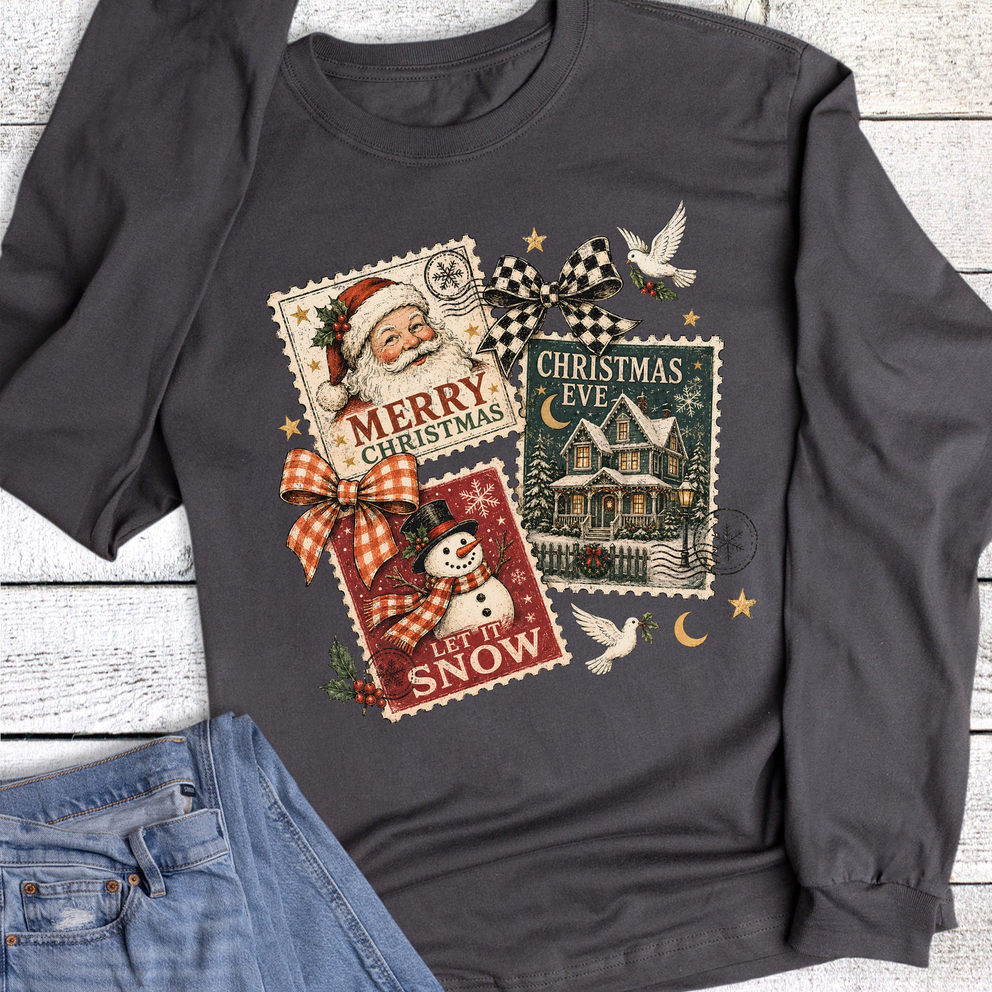 Christmas Santa Snowman Stamps Long Sleeve