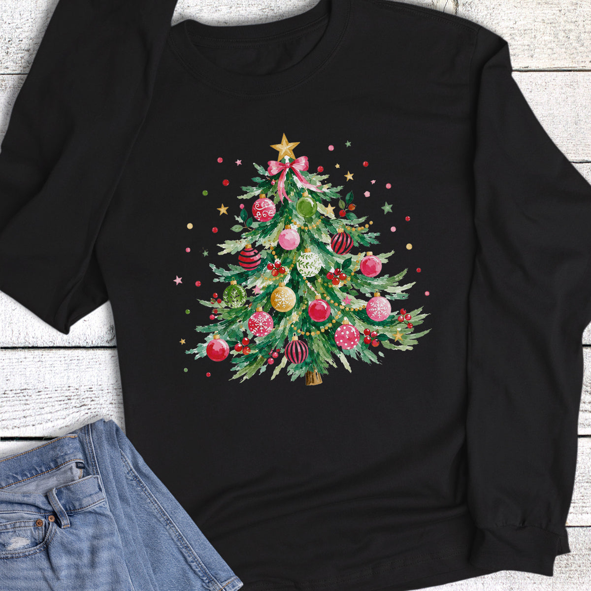 Christmas Tree Red Pink Ornaments Long Sleeve