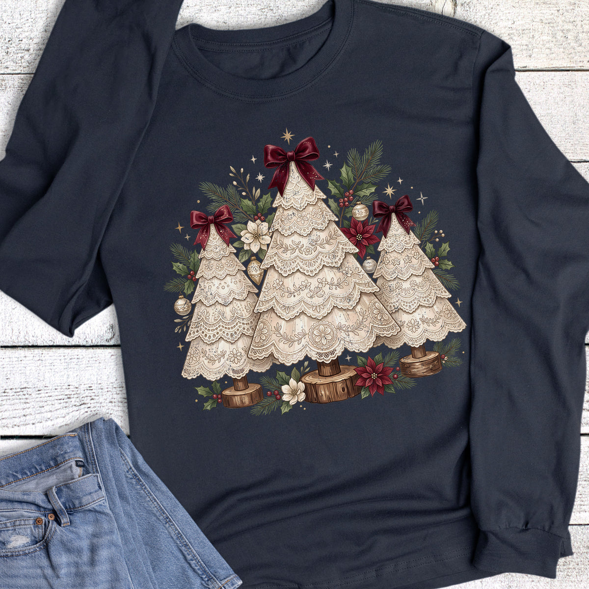 Christmas Vintage Lace Tree Trio Long Sleeve